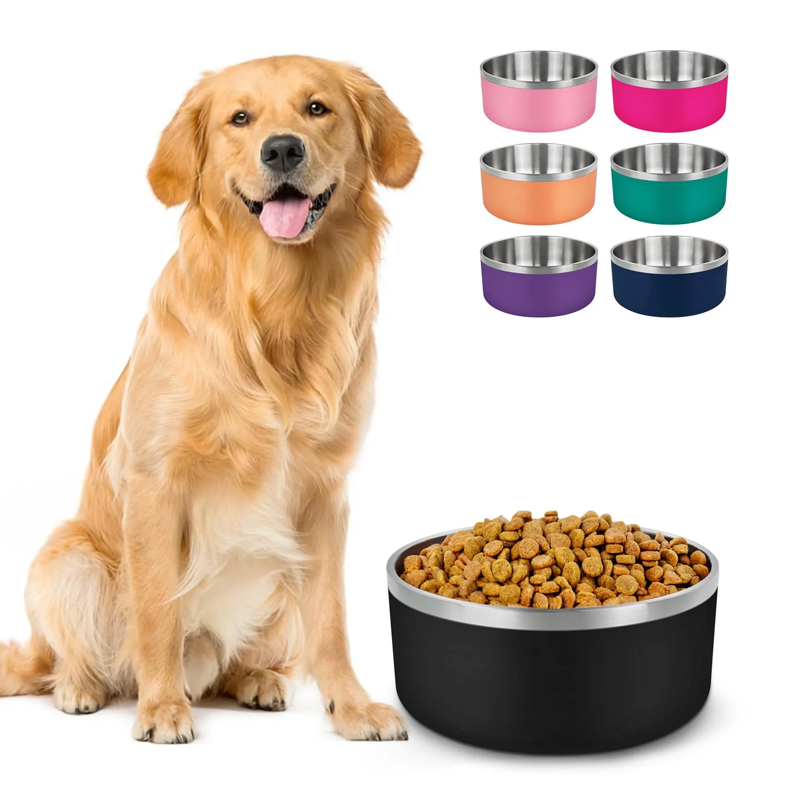 Lightweight LIHONG Stainless Steel Dog Bowls for Large Dogs Dog Food Water Bowls with Non Slip Rubber Bottom Pet Feeding Bowl Double Wall Insulated Rustproof 64oz Black Carefully Designed