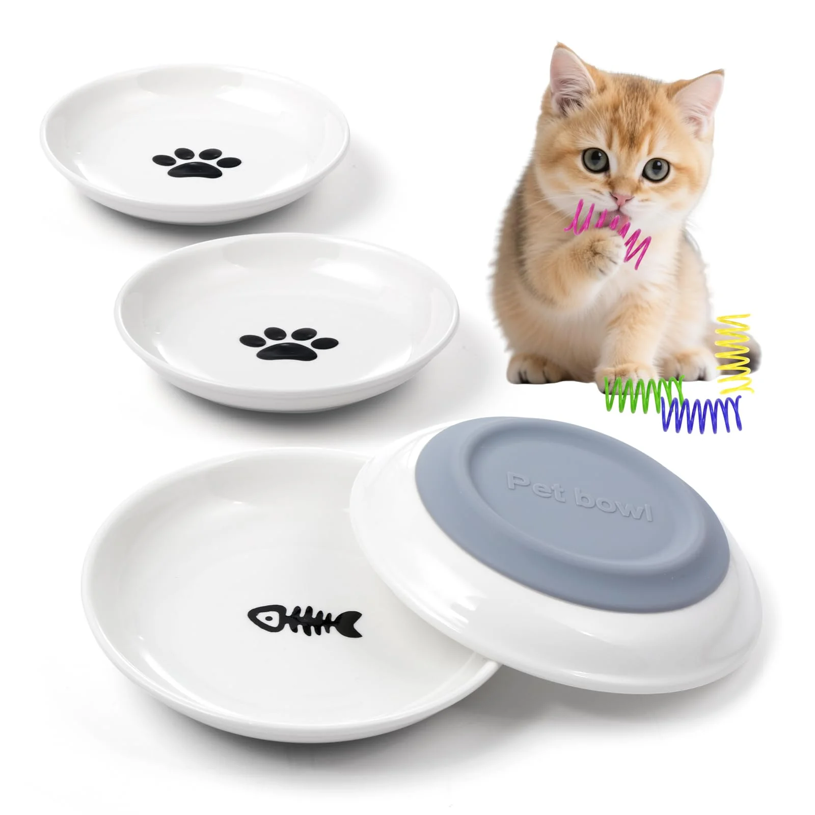 Refined YEAHGO Ceramic Cat Bowls — Non-Slip Whisker-Friendly 10 oz Includes 4 Spring Toys Stylish