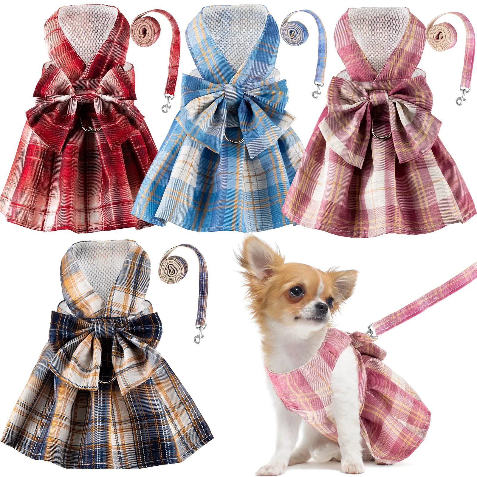 Smart Potchen 4-Piece Plaid Dog Dress Set — Bow Tie Harness Leash for Small Dogs World-Class