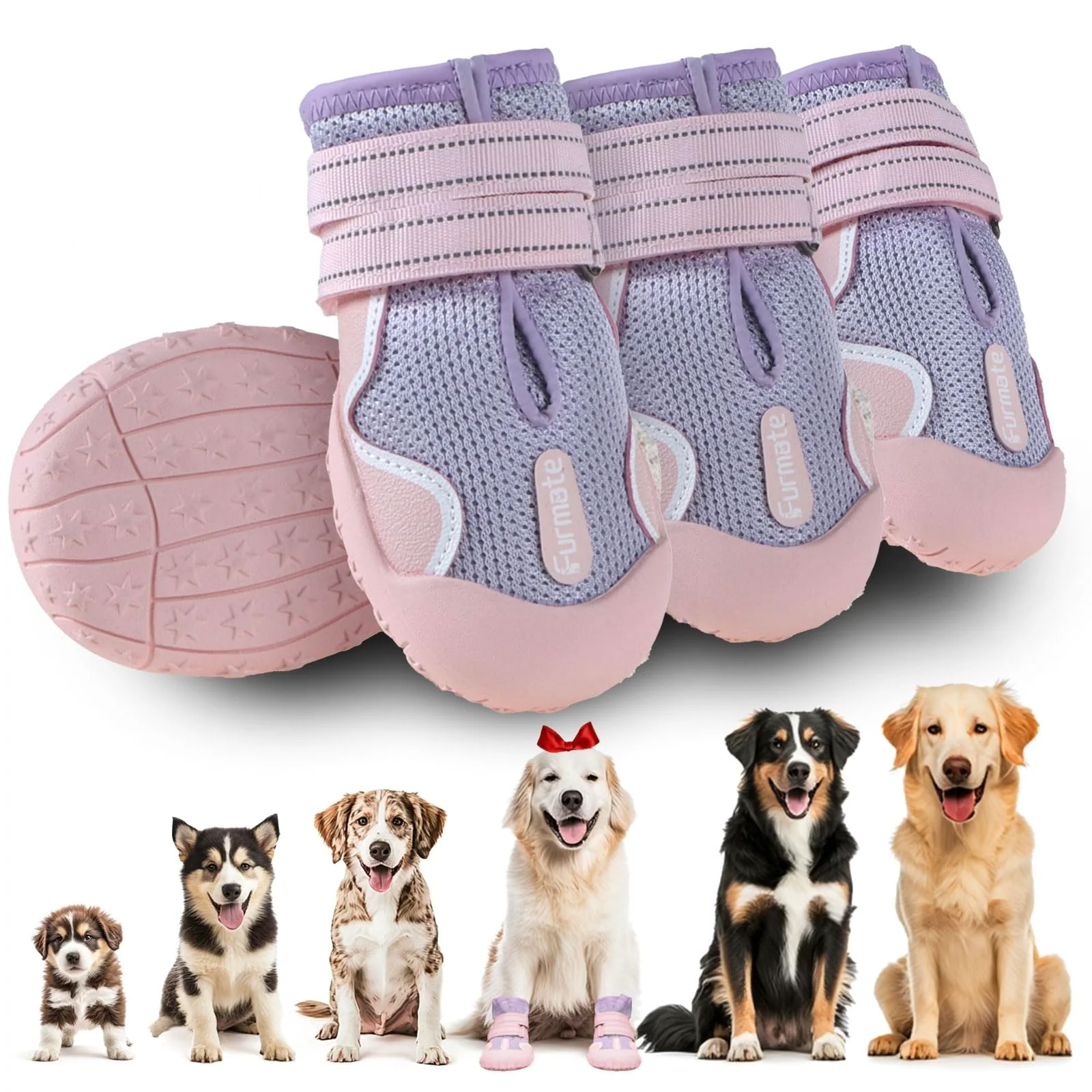 Solid Furmate Dog Shoes for All Sizes Breathable Mesh Boots Waterproof Anti-Slip with Reflective Straps Pink-Purple4 High-Grade