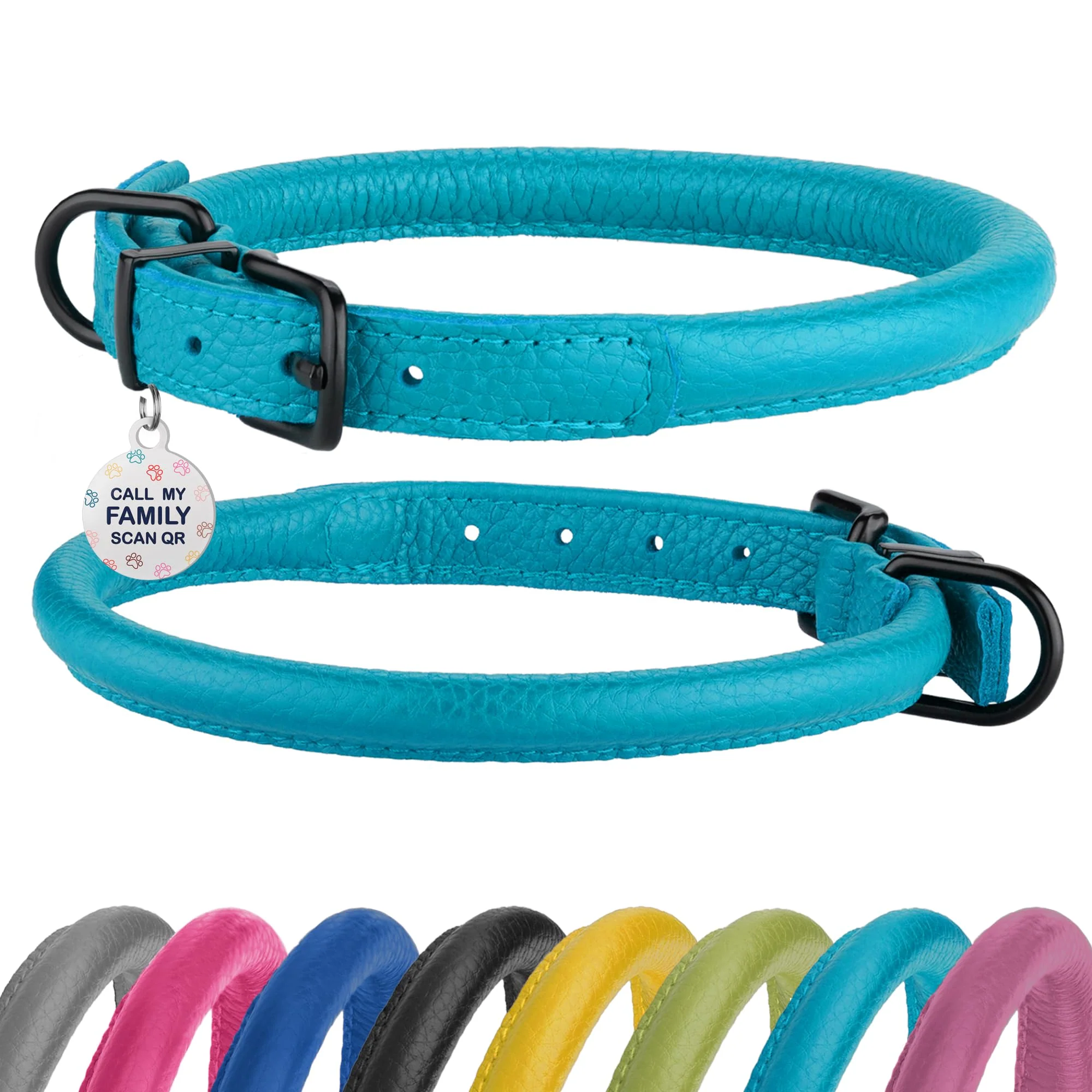 Modern BRONZEDOG Rolled Leather Dog Collar – Aqua Blue 16–20 in Soft Round Collar with ID Tag Advanced