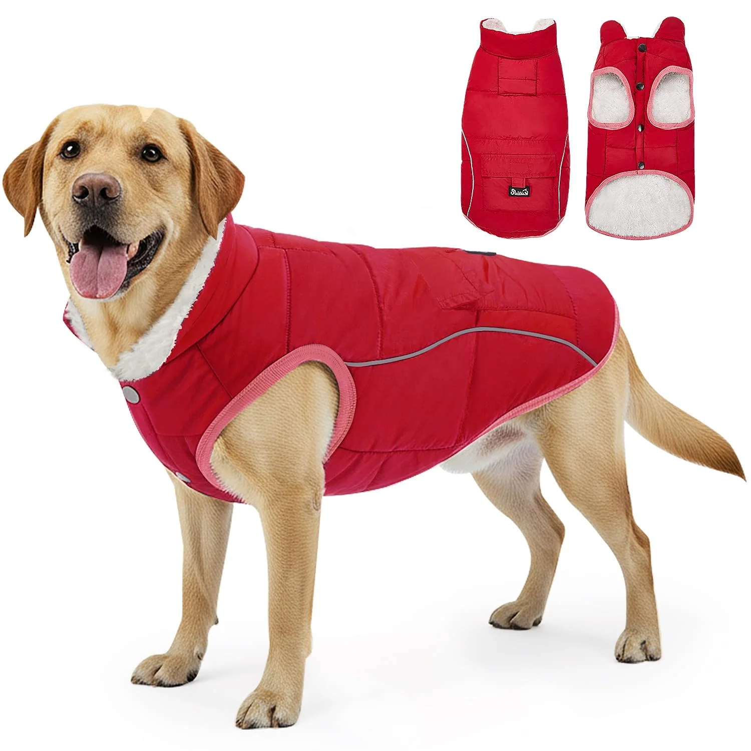 Stylish SlowTon Dog Coat - Warm Waterproof Winter Jacket with Pocket Red M Excellent