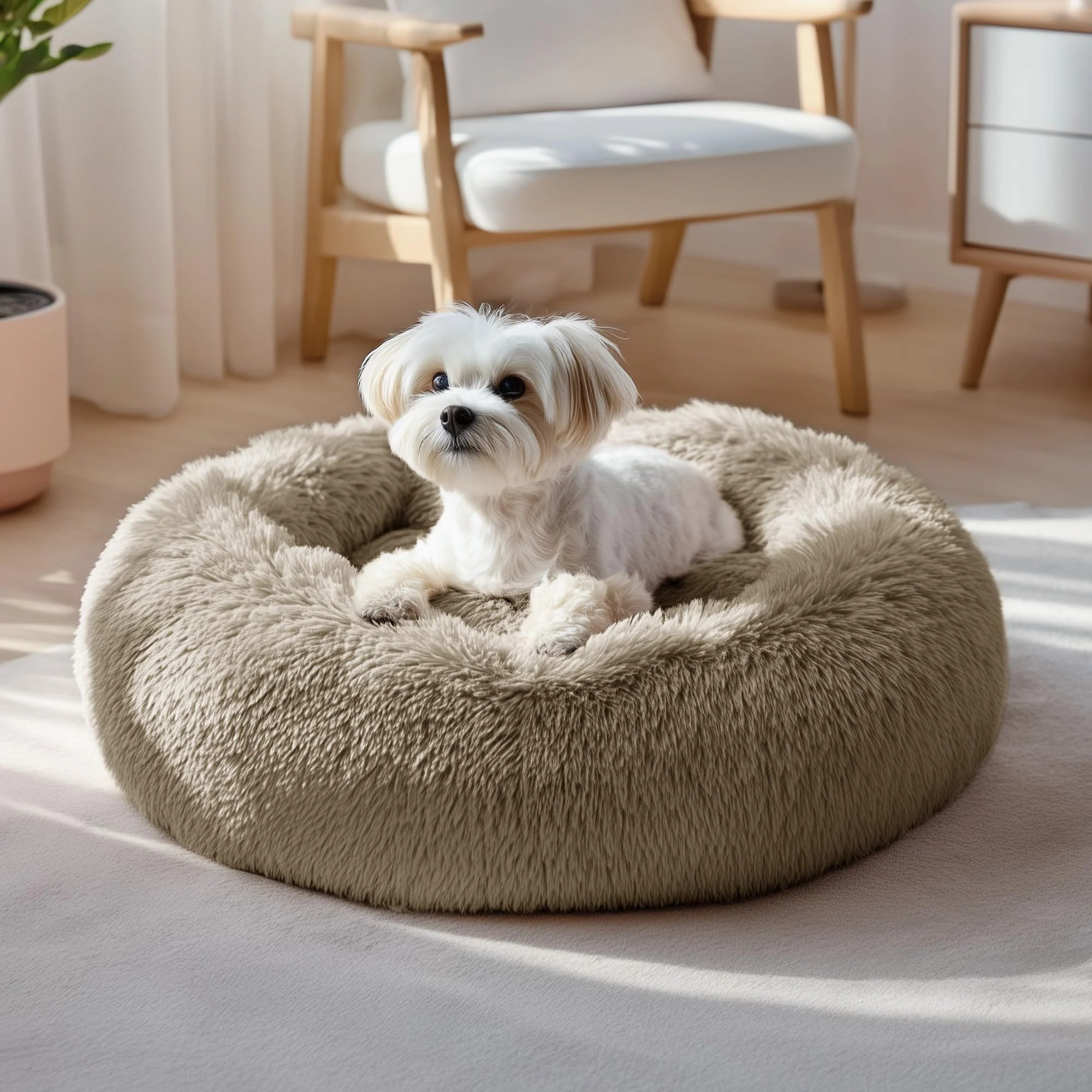 Functional Deconovo Calming Donut Dog Bed Washable Plush Round Pet Bed for Small Dogs Cats — Non-Slip Base Lightweight Camel 21x21x8 Premium