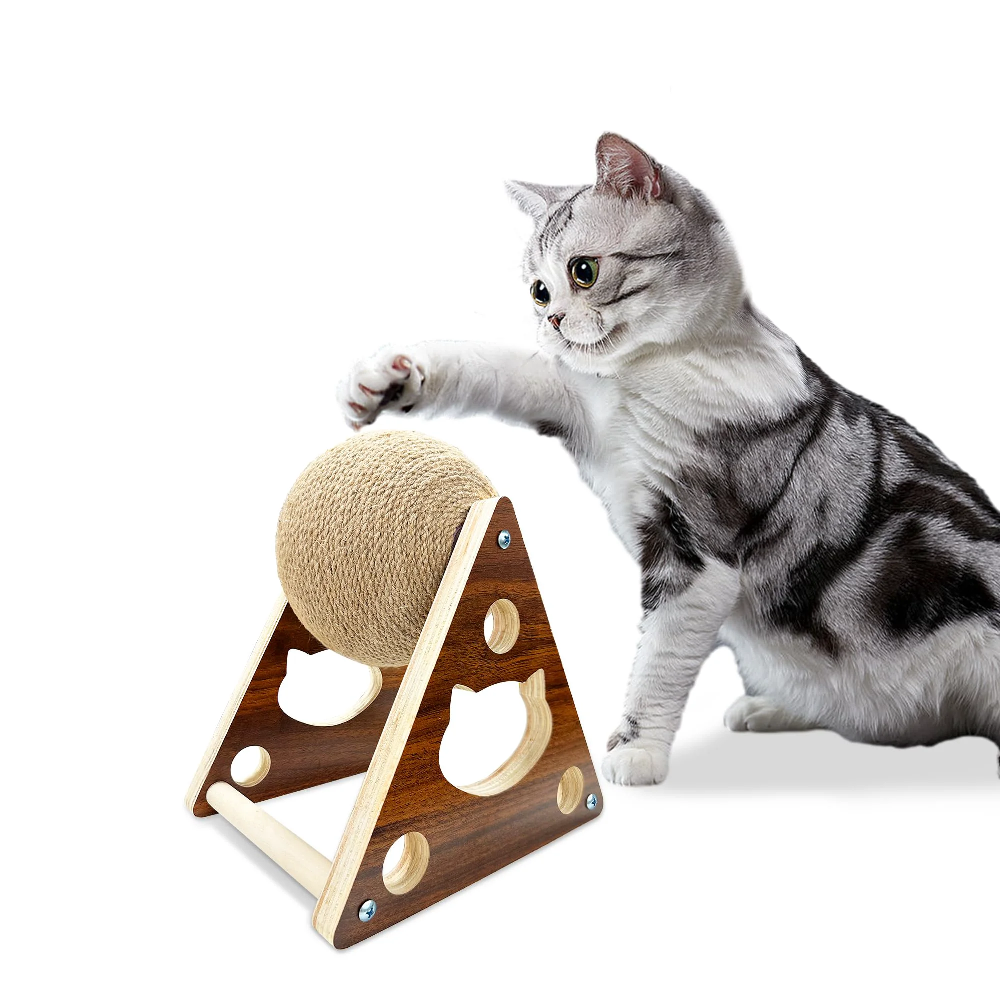 Minimalist Googgoing Cat Scratcher Ball — Natural Sisal Interactive Solid Wood Toy Small Professional