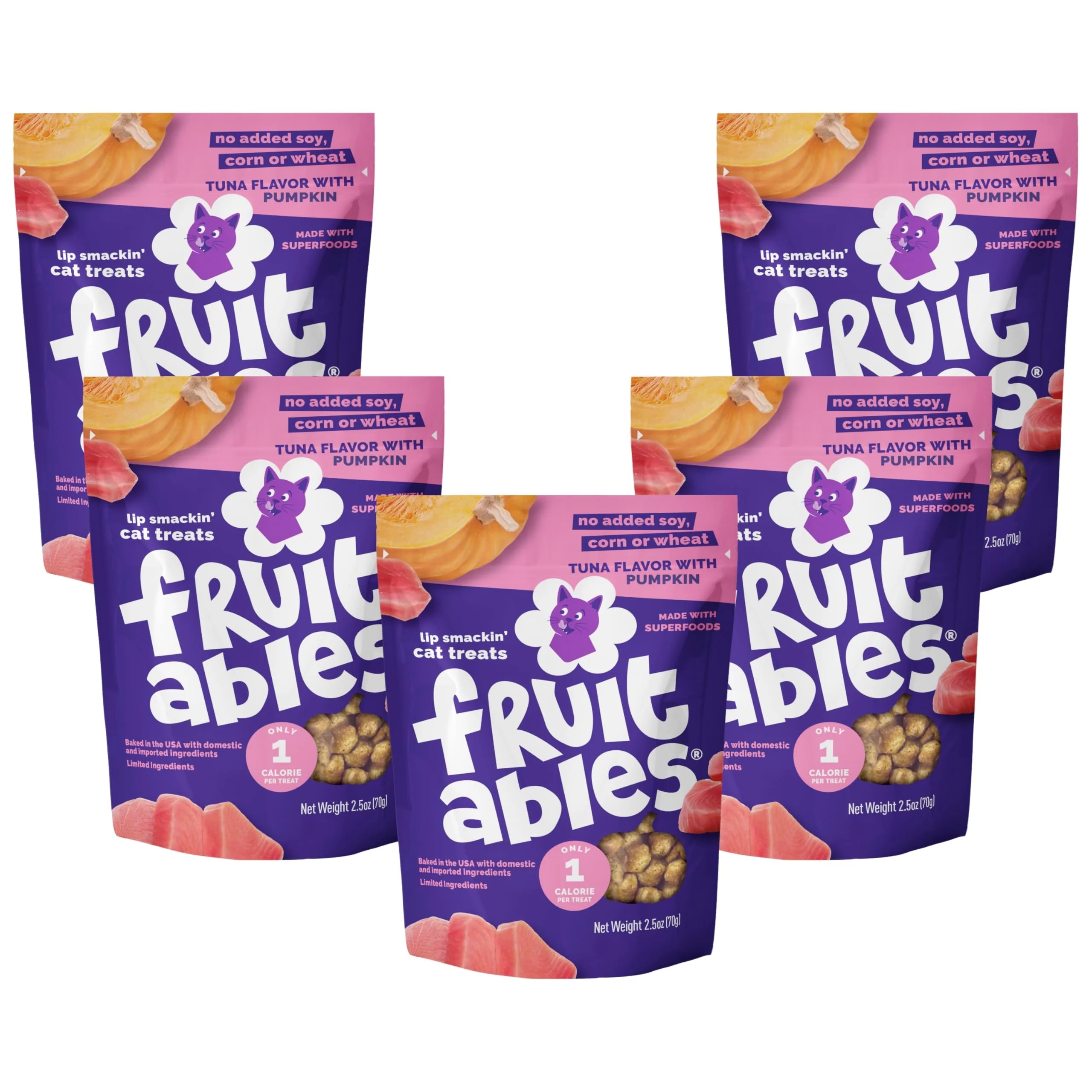 Outstanding Fruitables Cat Treats - Low Calorie Crunchy Tuna Pumpkin Treats - 5 Pack 2.5 oz Each Refined