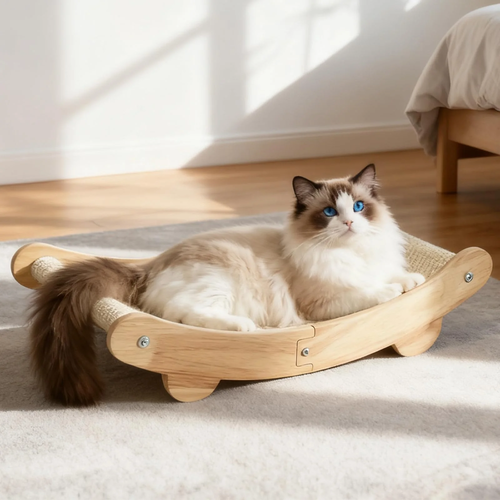Lightweight 2-in-1 Natural Sisal Cat Scratcher Bed for Indoor Cats — Large Oak Frame Easy Assembly 160° Hammock Premium Material
