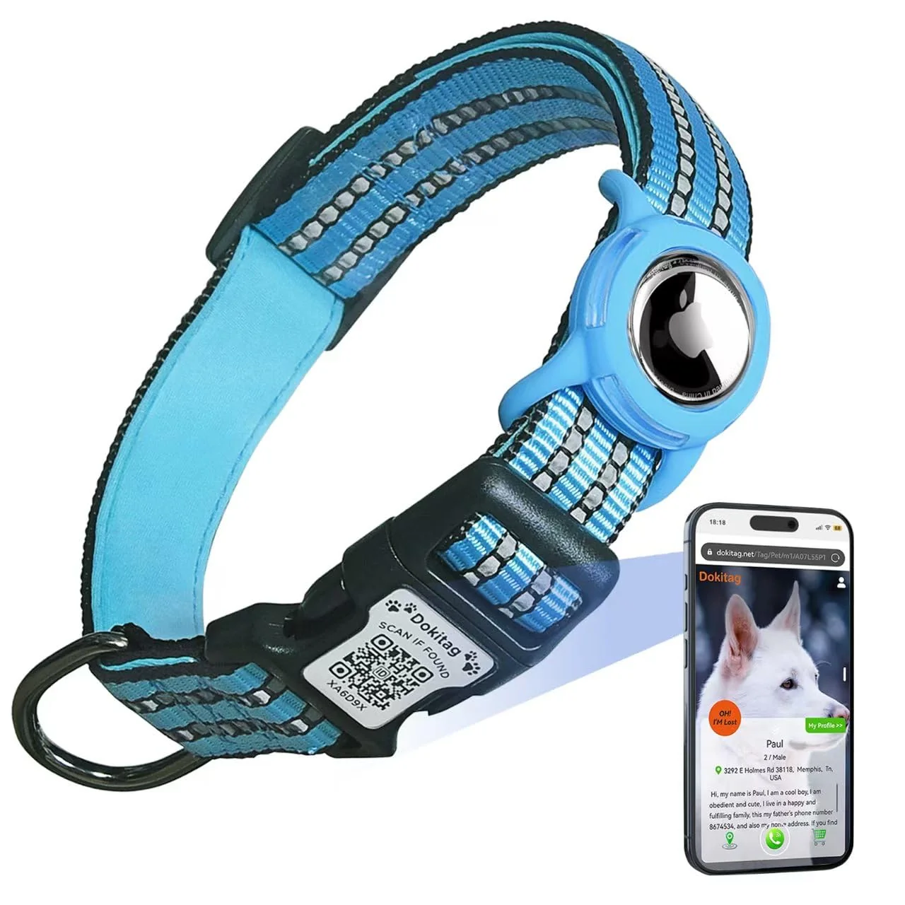 Long-Lasting DOKITAG Reflective Dog Collar with AirTag Holder QR ID Tag — Adjustable Blue Large 16-26 in Soft