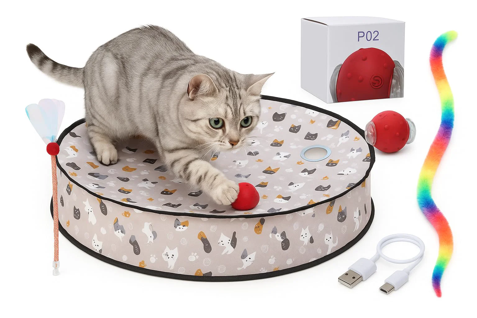 Refined Aleena Interactive Cat Toy – 2-in-1 Rolling Ball Play Mat with LED Lights Bird Chirps Smooth