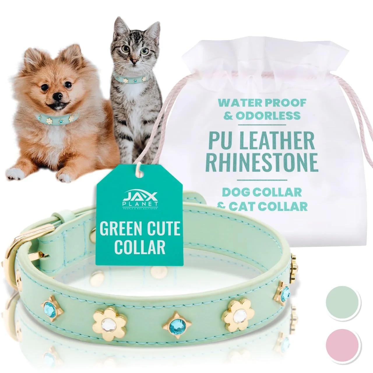 Clean JAX PLANET PU Leather Rhinestone Collar - Green Soft Padded Bling Dog Collar with Diamond Crystals Metal Flowers M Consistent