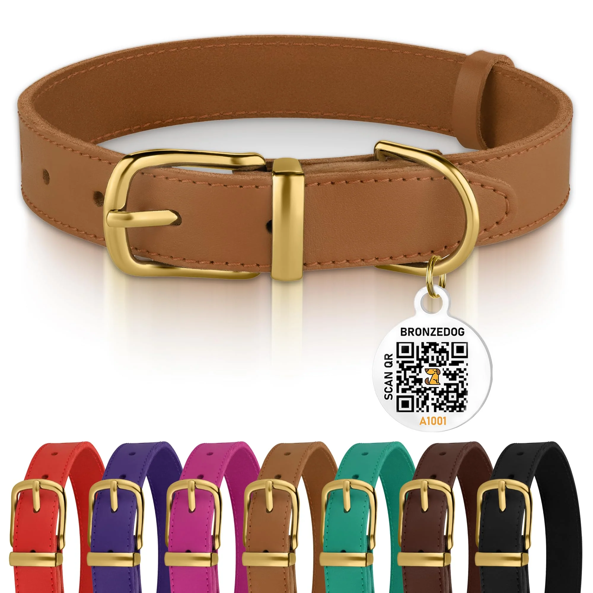 Comfortable BRONZEDOG Leather Dog Collar with QR ID Tag – 19-21 Inch Light Brown Buckle First-Class