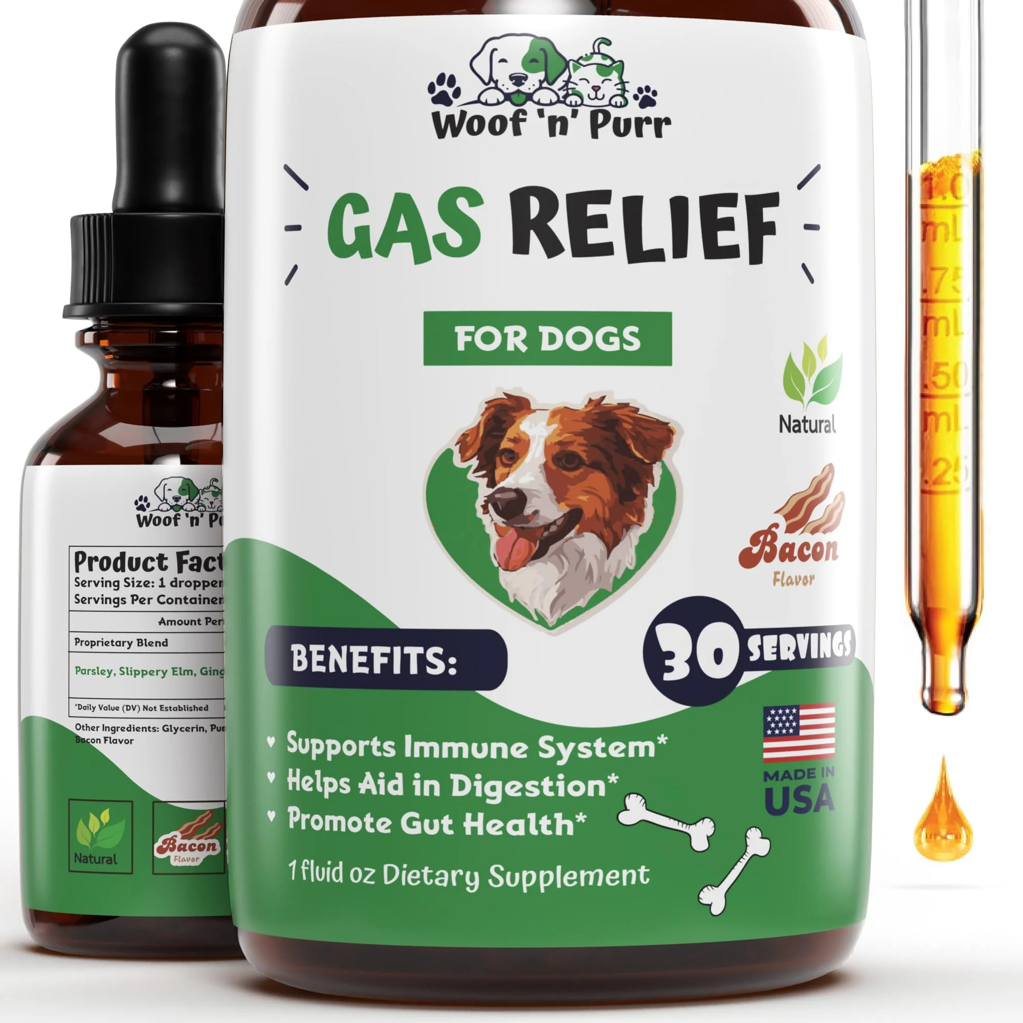 Consistent Woof 'n' Purr Natural Gas Relief for Dogs - Bacon Flavor 1 fl oz Practical
