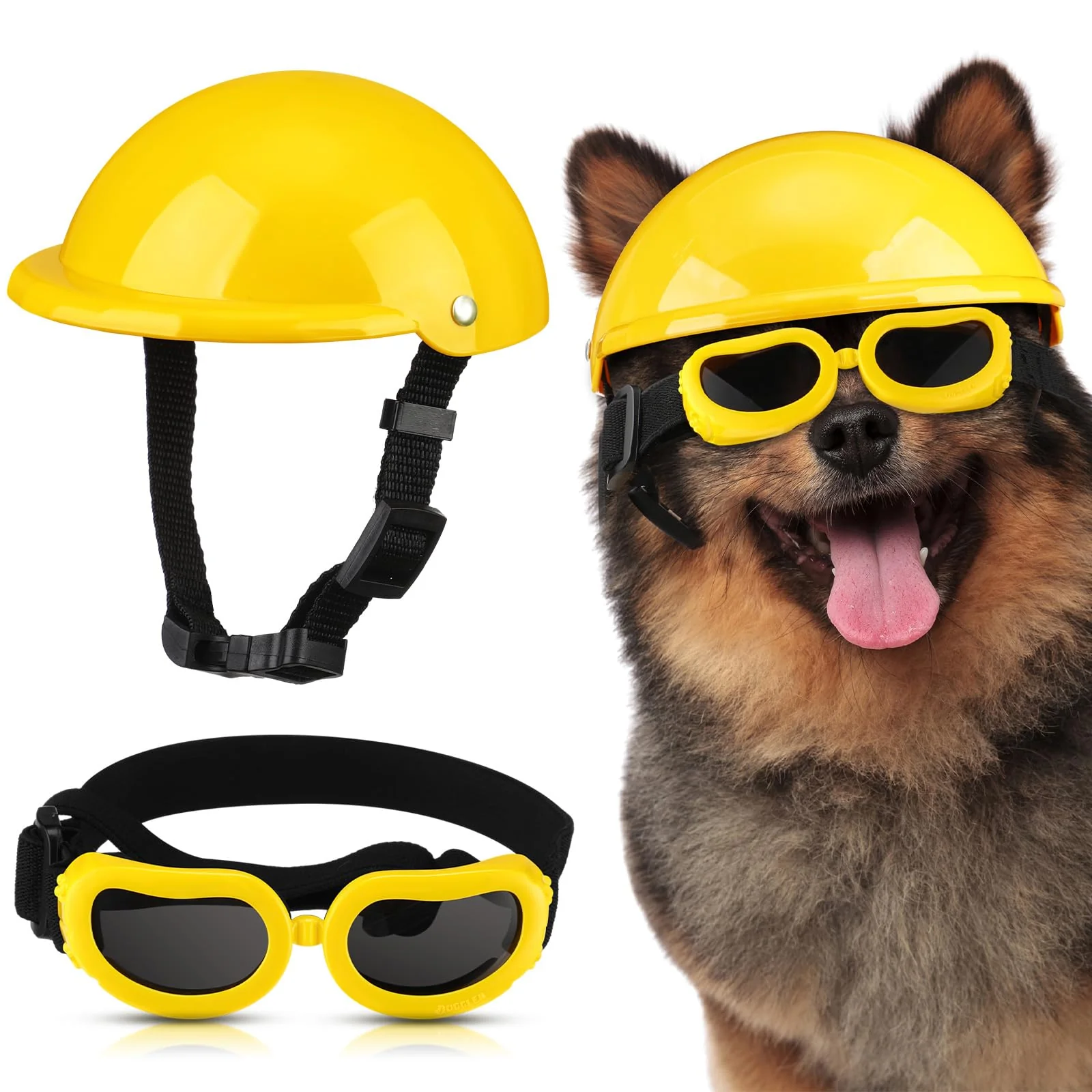 Recyclable Frienda Dog Helmet and Goggles – UV Protection Set for Small Dogs Yellow M Smooth