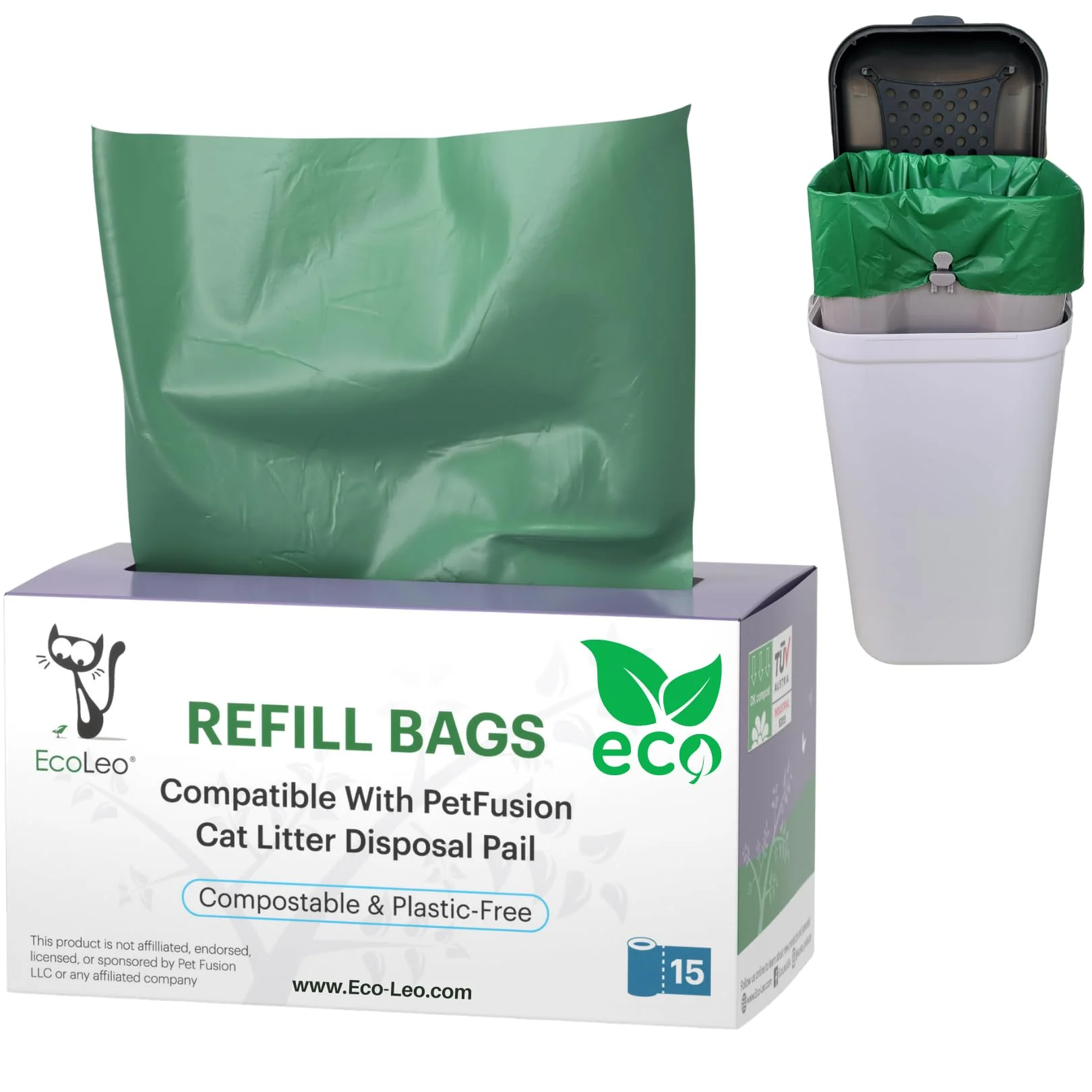 Proven EcoLeo Pet-Fusion Compatible Bags – 15-Count Compostable Plastic- Liners Green High-End