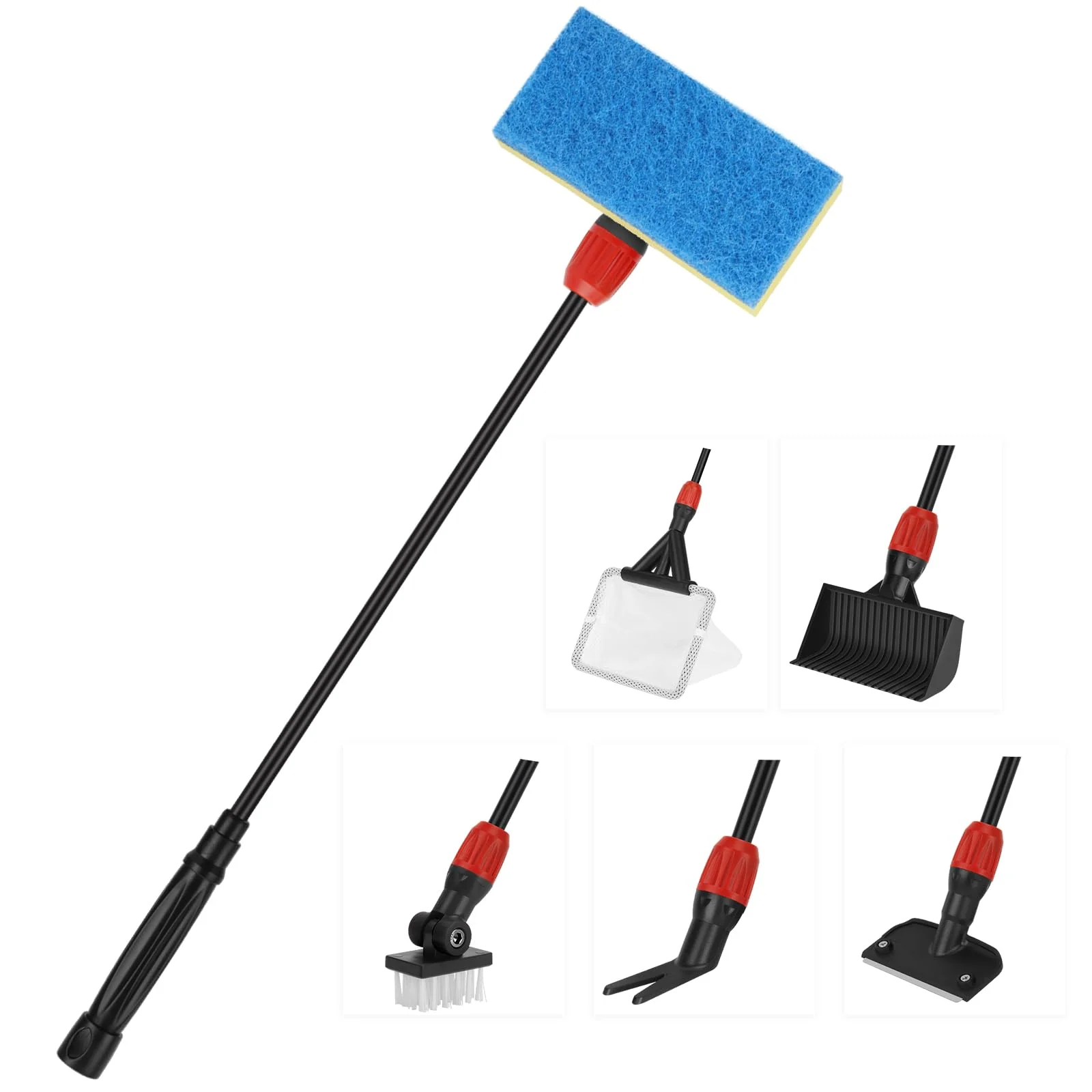 Fine hygger 6-in-1 Aquarium Cleaning Tools Kit — 17.7 inch Handle Algae Scraper Net Brush Sponge Gravel Rake Durable
