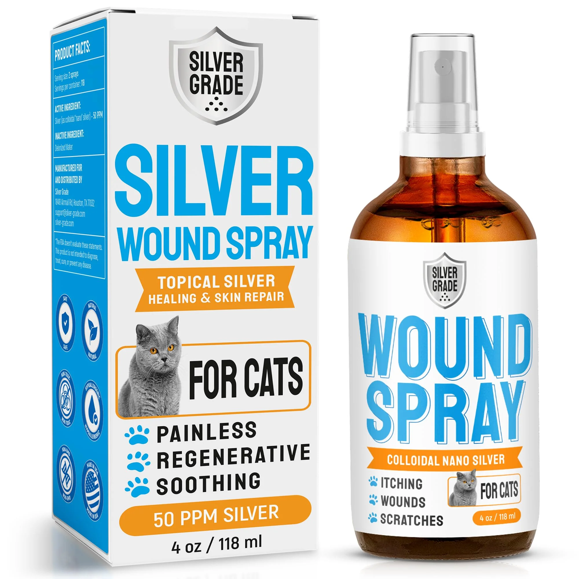 Powerful SILVER GRADE Cat Wound Care Spray with Silver – Gentle Safe Non-GMO Formula – 4 Oz Secure
