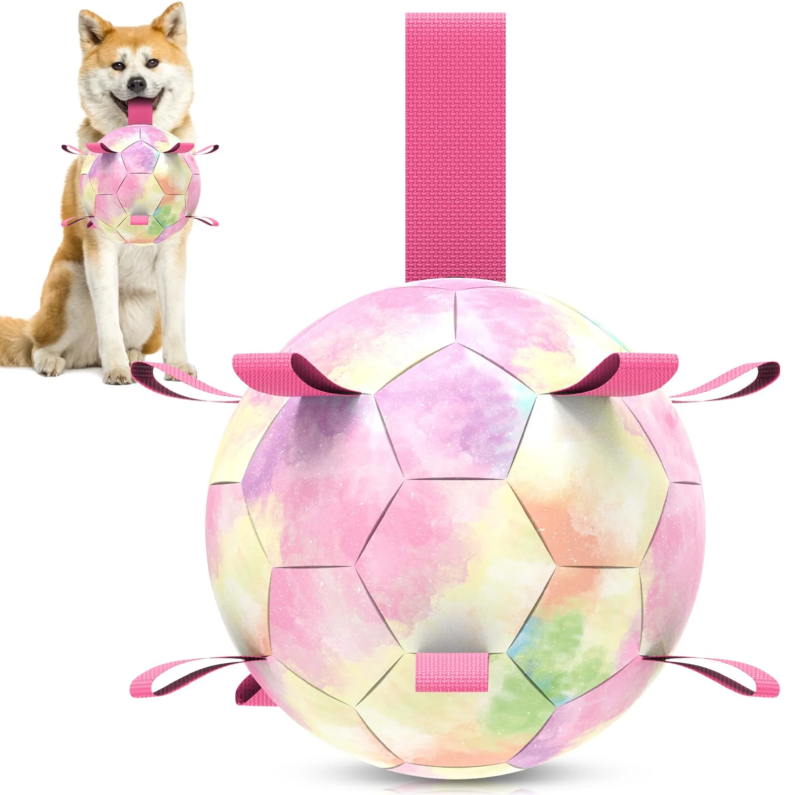 Functional QDAN Dog Balls - 8-Inch Gradient Rainbow Herding Ball with Straps for Large Dogs Interactive Outdoor Soccer Ball Toy Fine