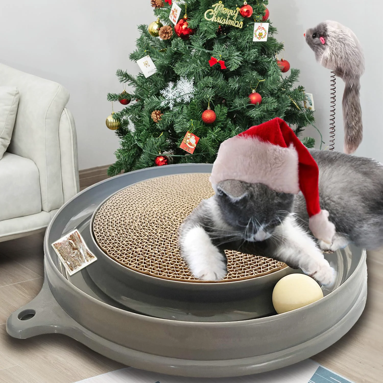 Efficient AUOON Cat Scratcher Toy with Ball Track and Plush Mouse – Gray Crafted