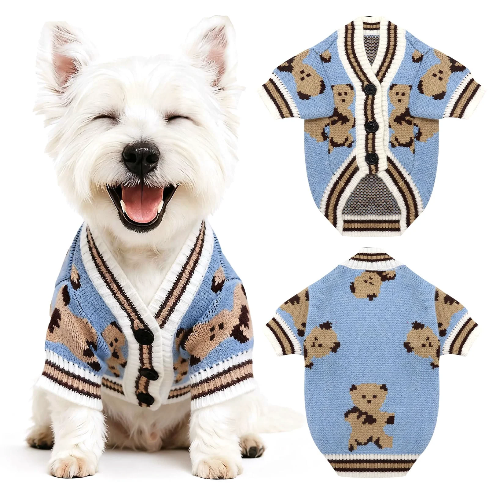 Outstanding PETCARE Small Dog Sweater — Cute Bear Cardigan for Dogs Cats Blue Comfortable
