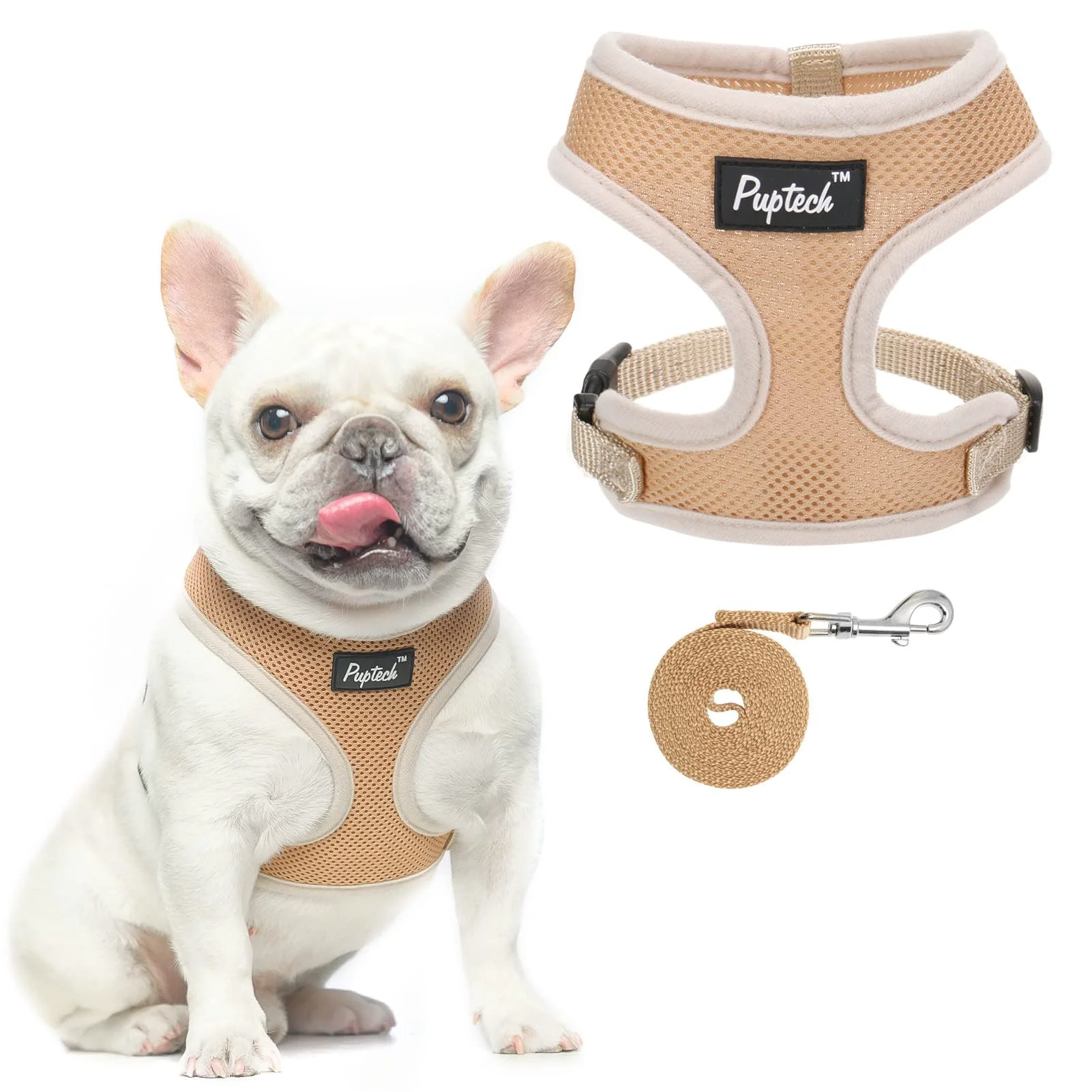 Elite PUPTECK Soft Mesh Dog Harness Leash Set Beige Size M – No-Pull Comfort Vest Healthy