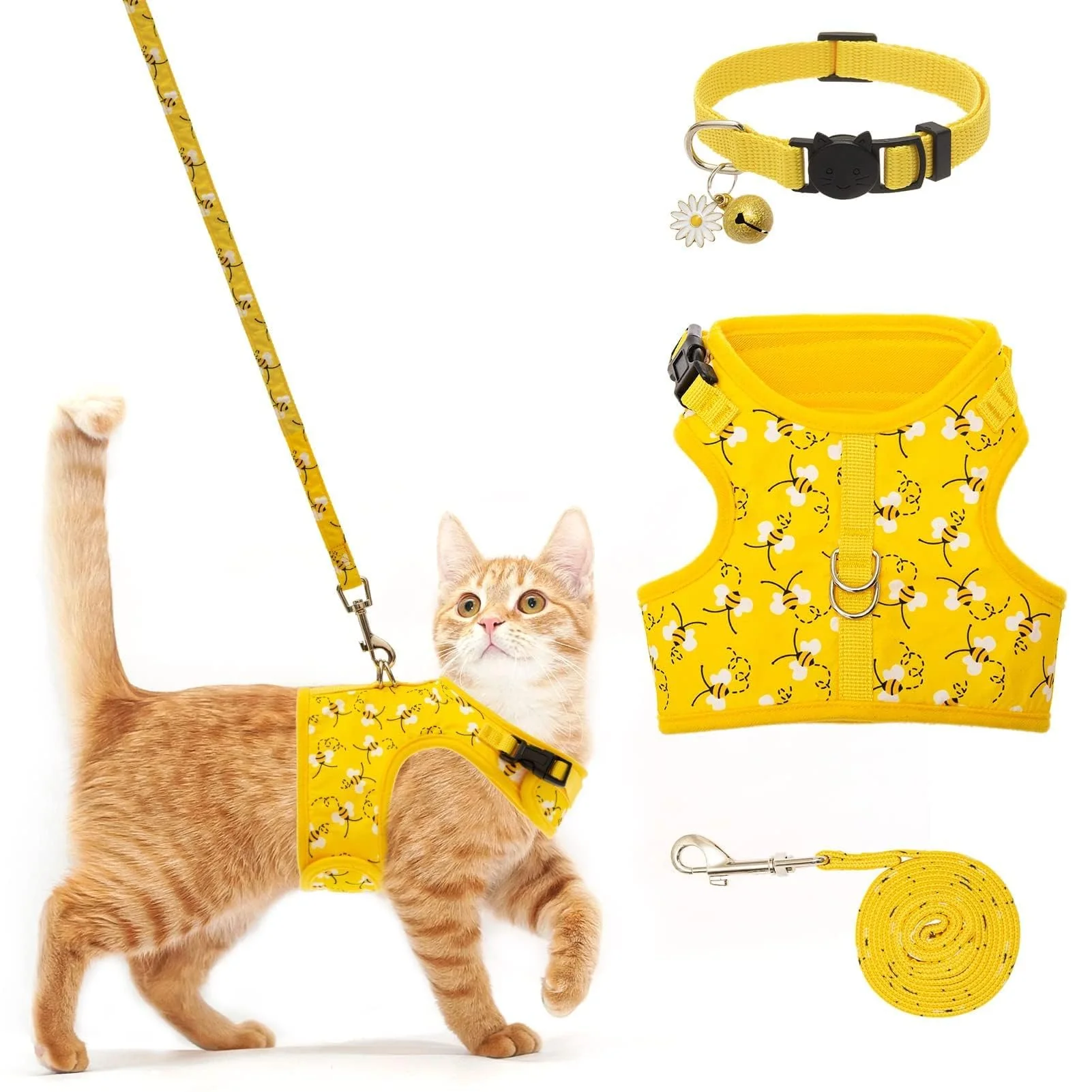 Exclusive BINGPET Cat Harness with Leash Collar – Escape-Proof Soft Vest for Medium Large Cats 59in Bee Design Refined