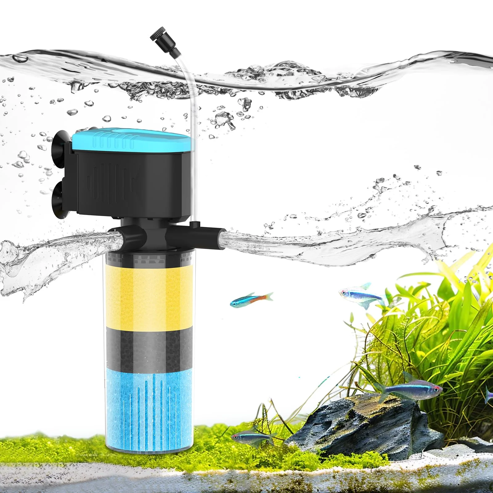 Green Devopet Aquarium Filter 3-Stage In-Tank for 5-20 Gallon Tanks Dual Outlet Enhanced