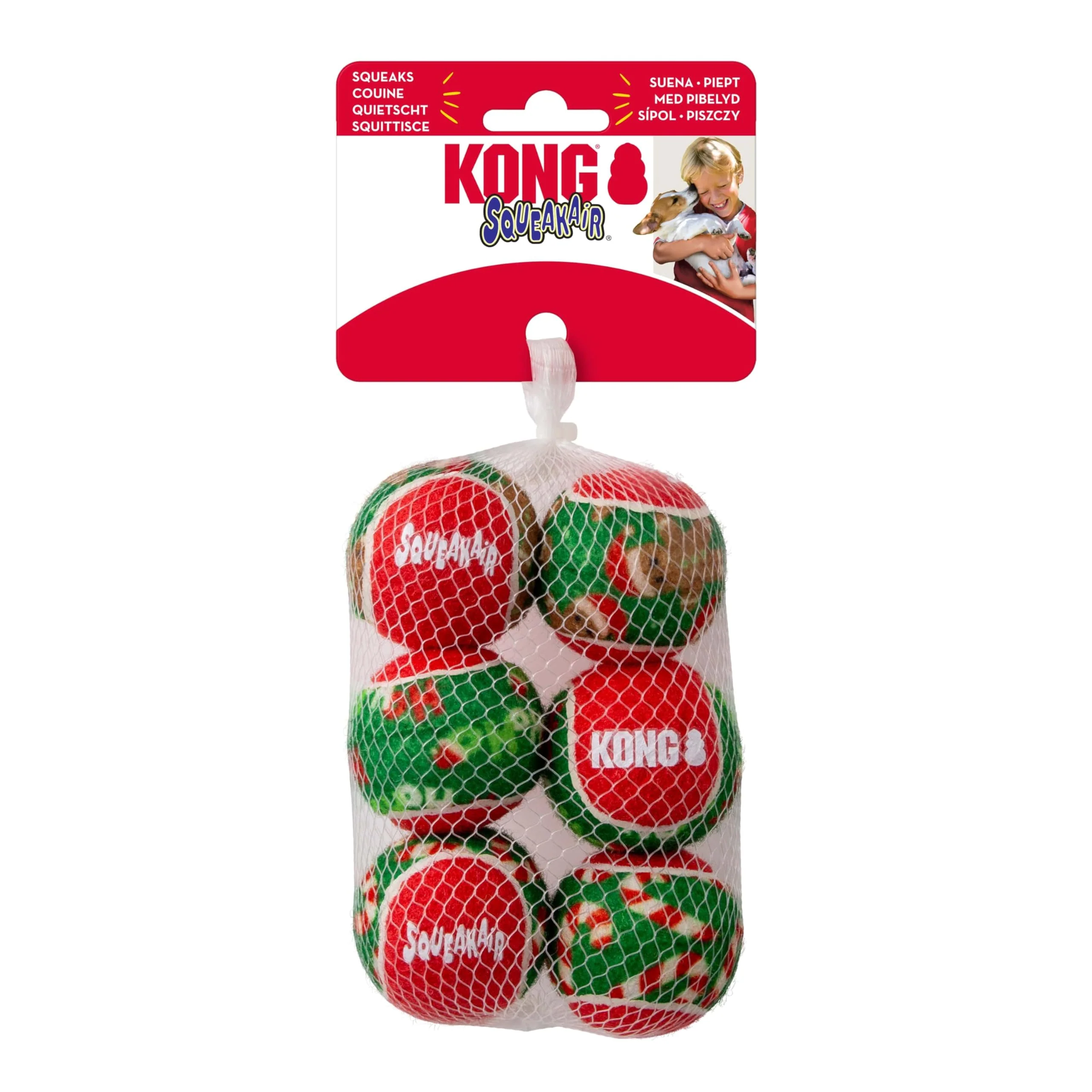 Smooth KONG Holiday SqueakAir Tennis Balls – 6-Pack Festive Dog Toy Gentle on Teeth Authentic