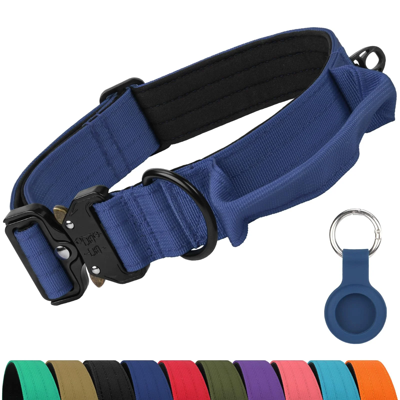 Original Joytale Heavy Duty Dog Collar with Handle XL Navy Blue – Dual-Layer Nylon AirTag Holder Quick Release Detailed