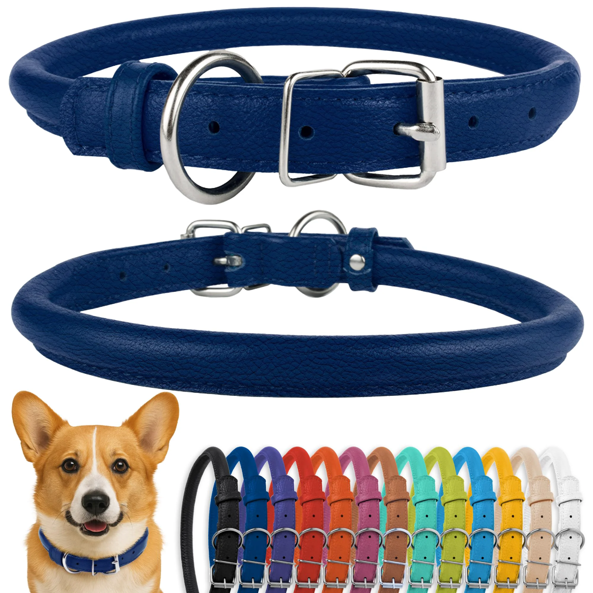 Specialty CollarDirect Rolled Leather Dog Collar Soft Padded Handmade Leather 11-14 Inch Deep Blue Textured Relaxed
