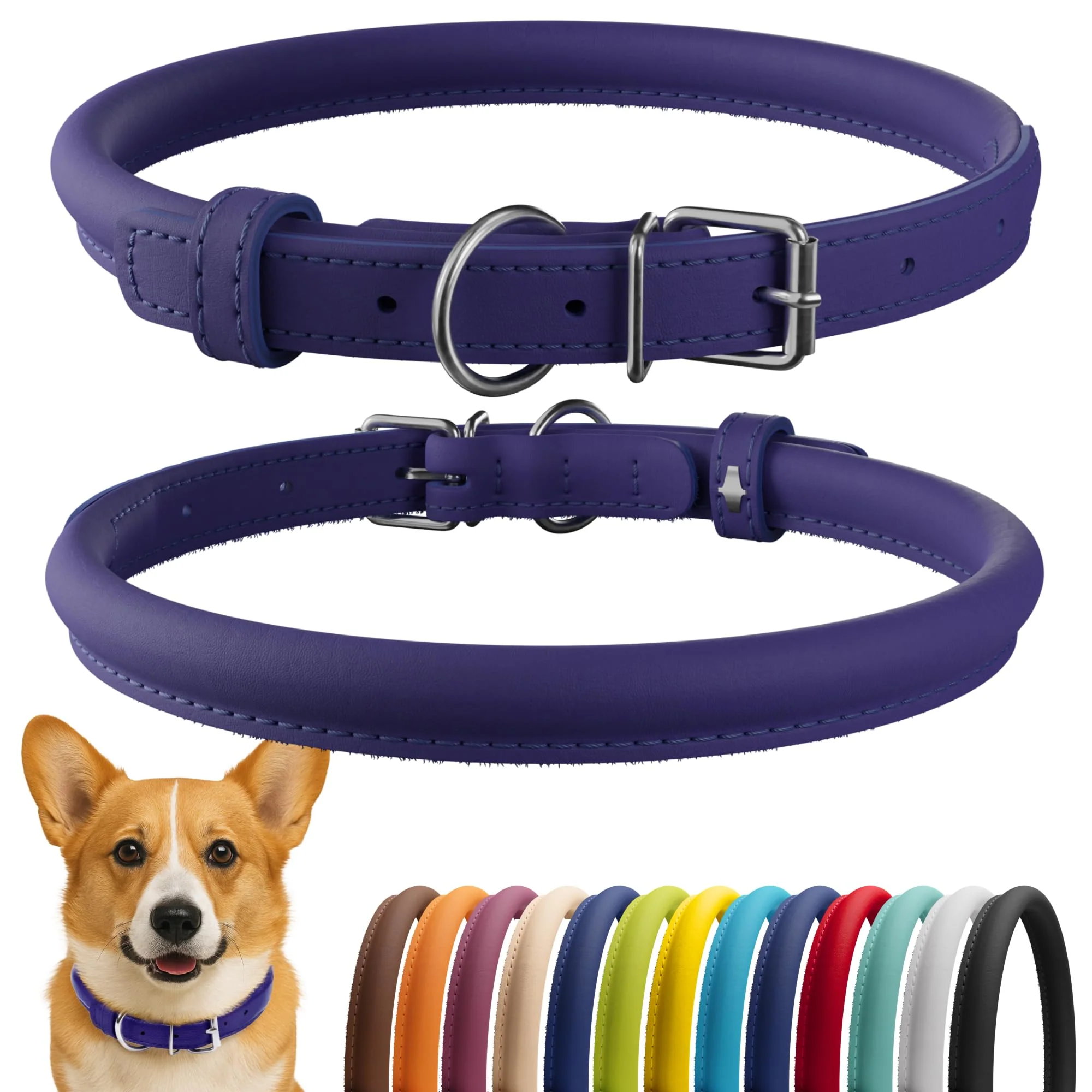 Crafted CollarDirect Rolled Leather Dog Collar – Soft Padded Handmade Leather 11-14 in Purple Smooth Reliable