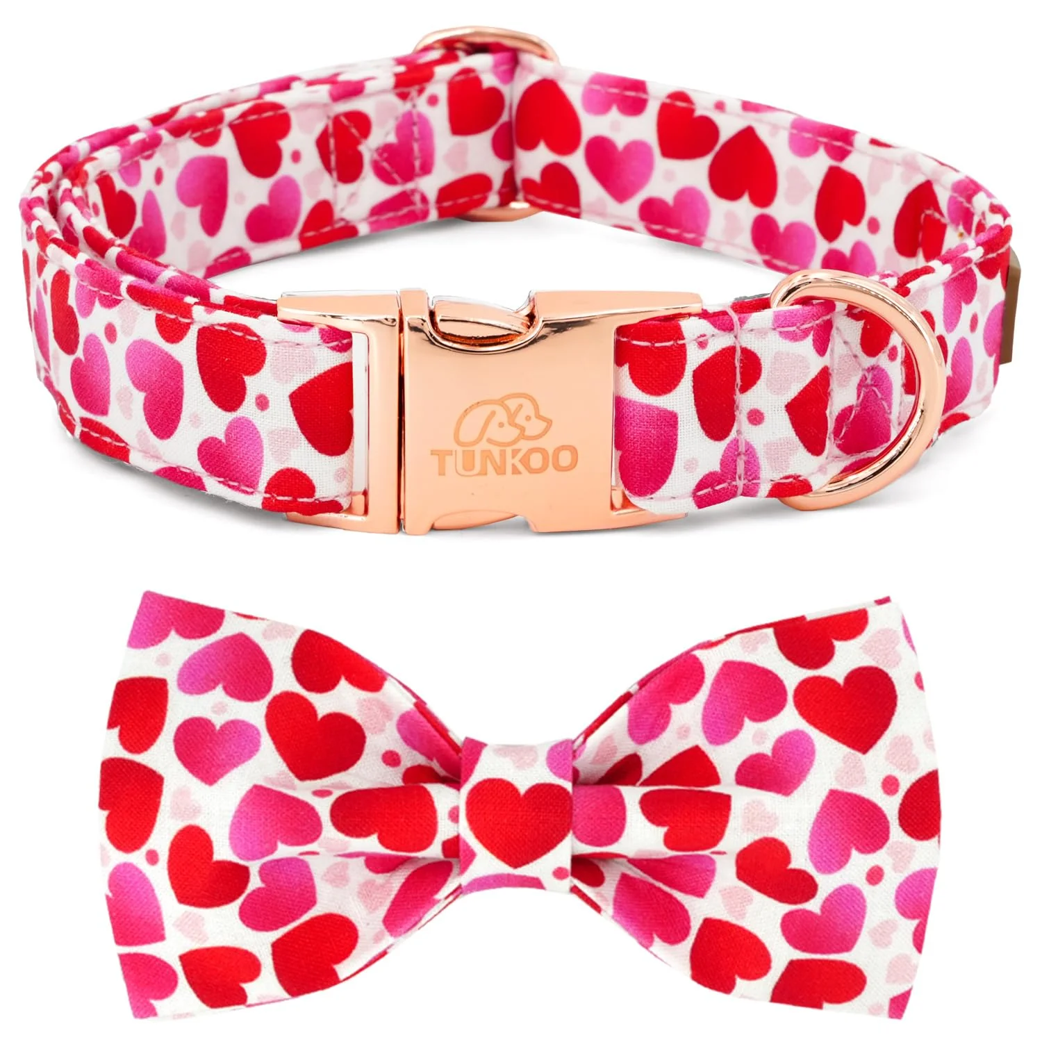 High-Grade Tunkoo Valentine's Day Dog Collar with Bow Tie — Adjustable Red Hearts Rose Gold Buckle Size S Smart