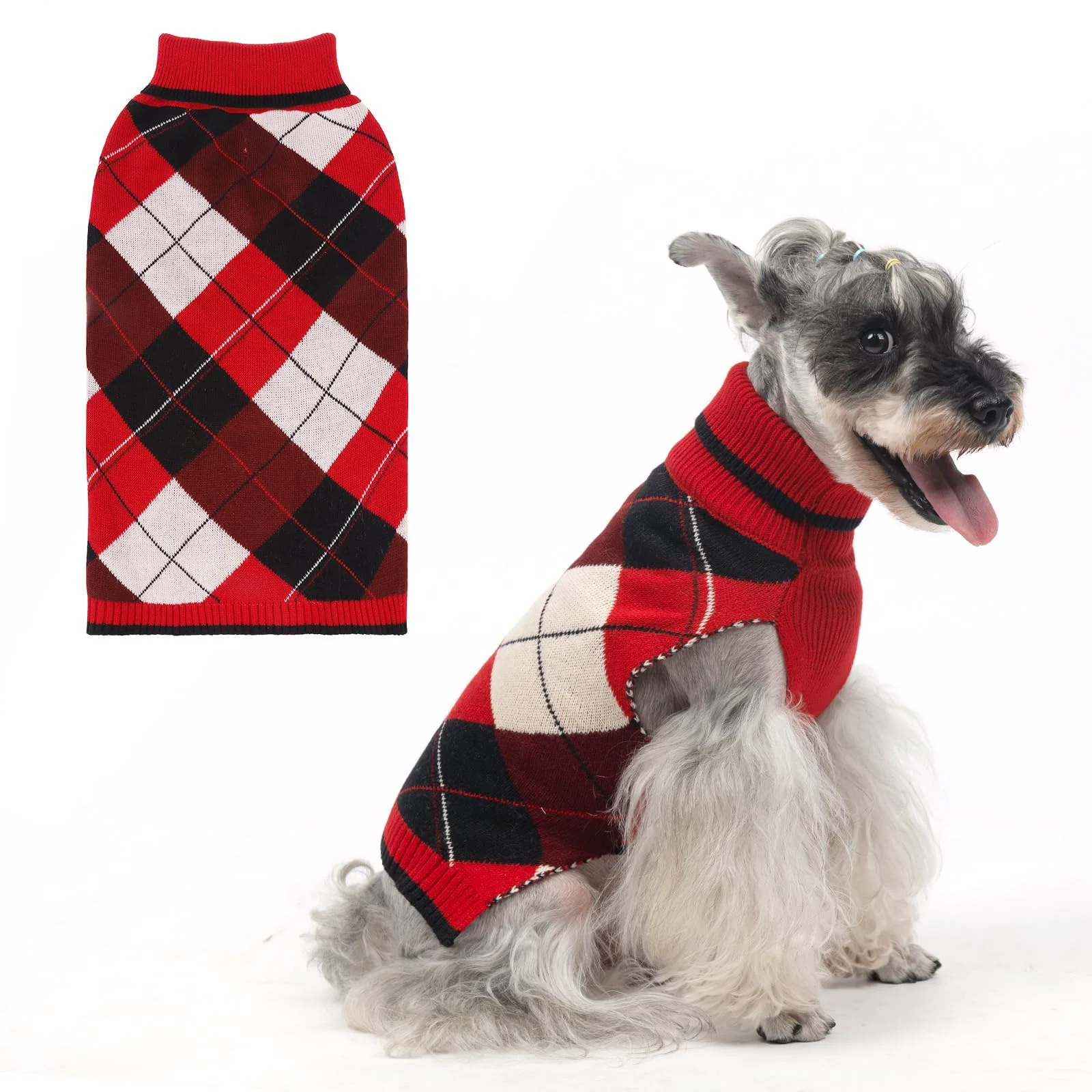 Exclusive KOOLTAIL Dog Sweater – Classic Plaid Knit Turtleneck Thick Warm Red Fleece Size M with Leash Hole Genuine