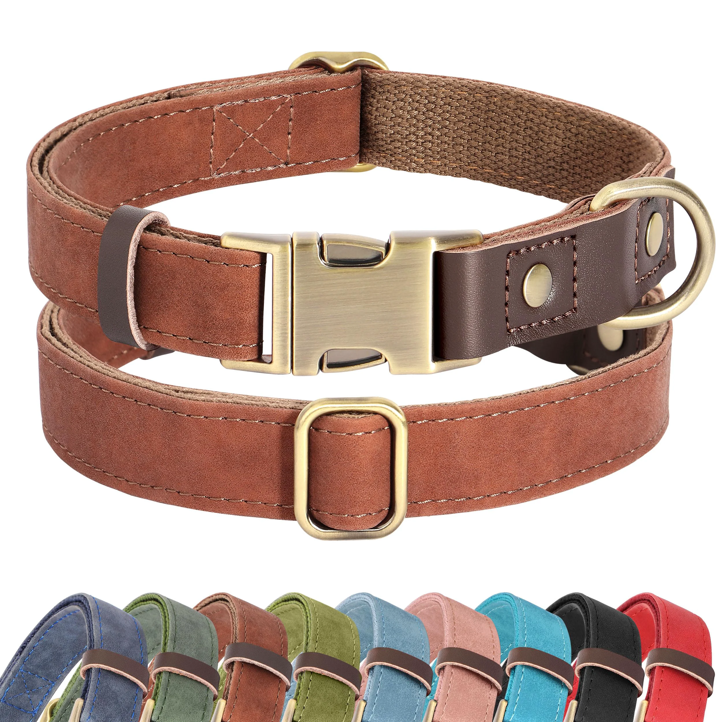 Recyclable Didog Soft PU Leather Dog Collar for Large Dogs — Adjustable Quick-Release Easy-Clean Brown Size L 15-23 inches Classic