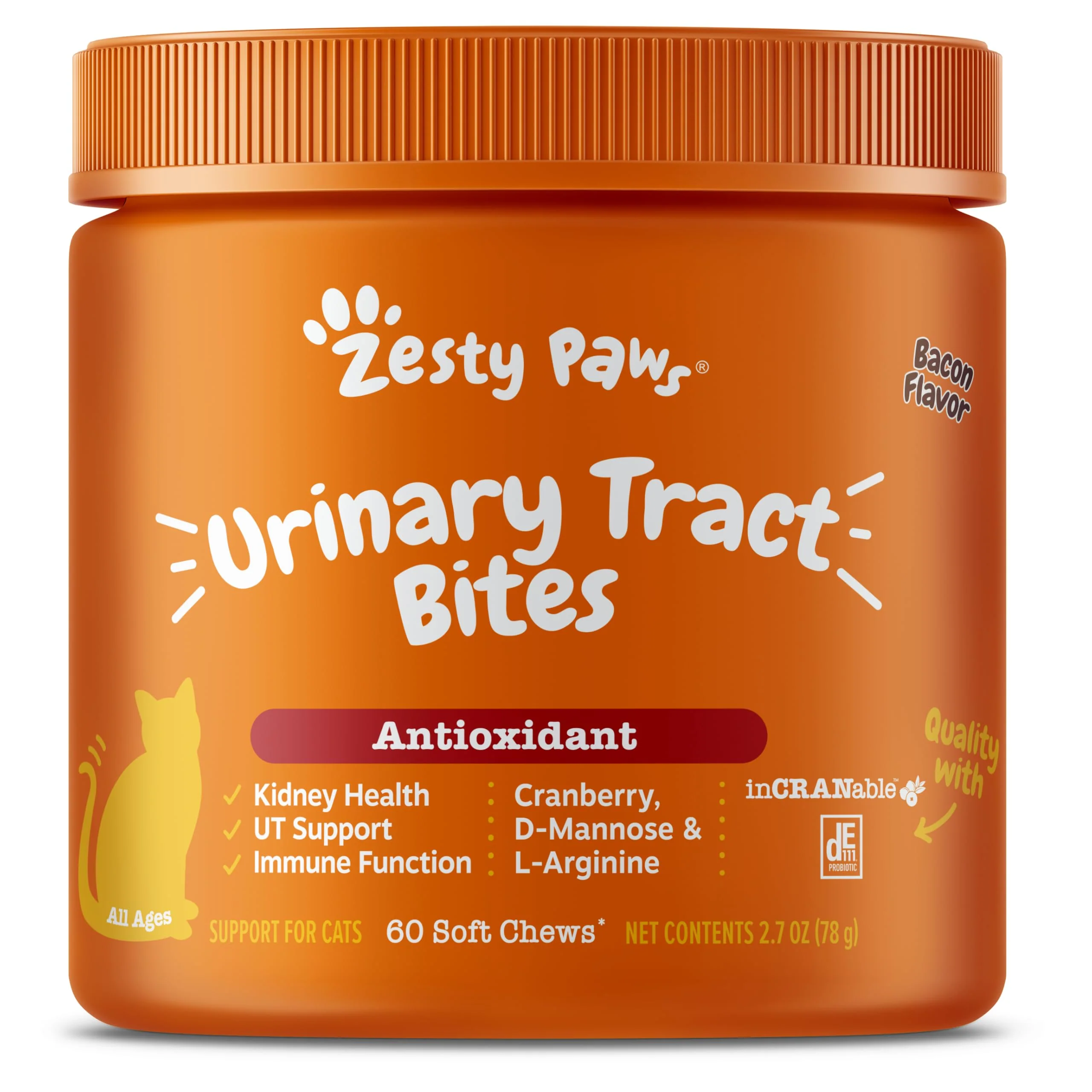 Reliable Zesty Paws Cranberry Urinary Tract Bites for Cats – D-Mannose DE111 B6 Bacon Flavor 60 Soft Chews Functional