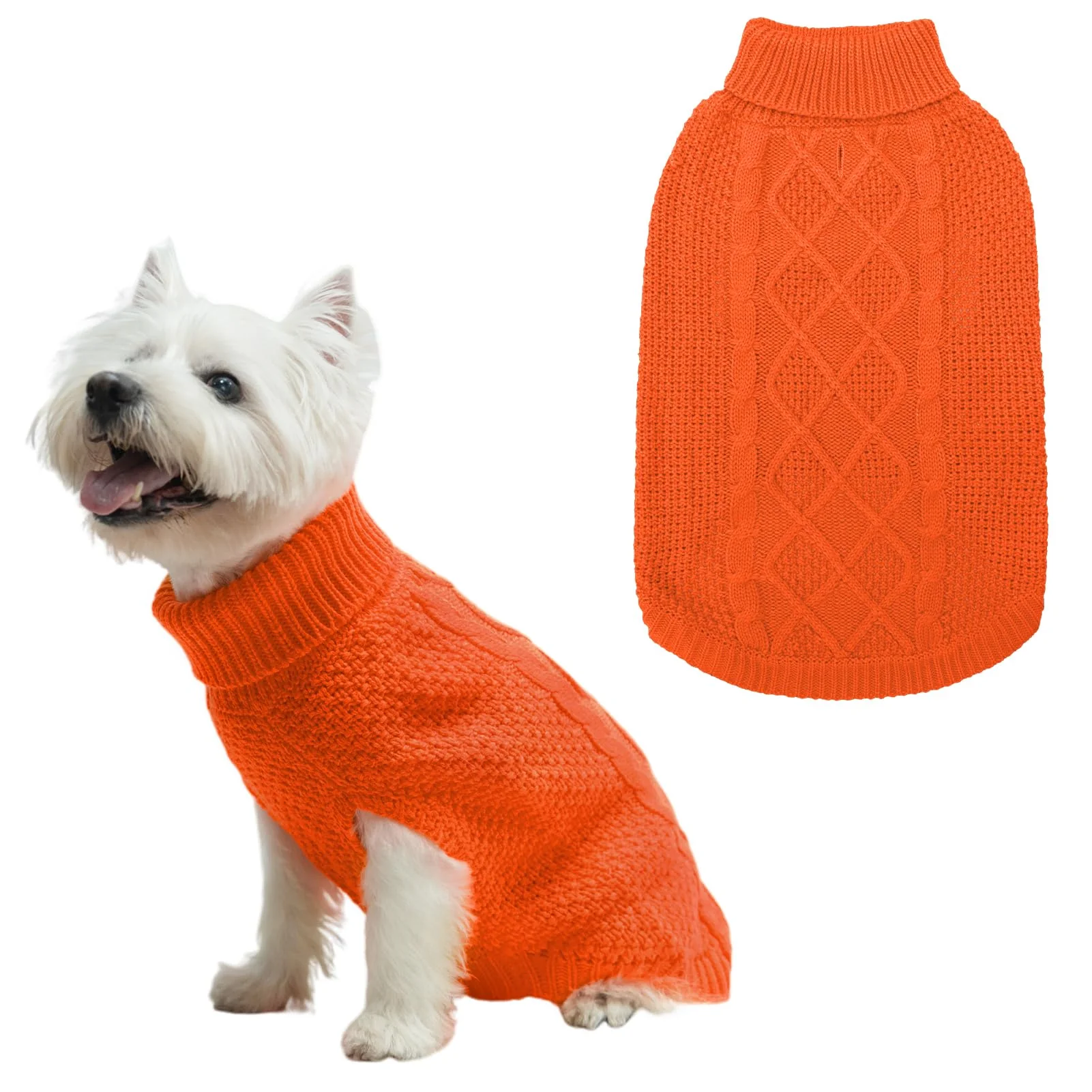 Solid Mihachi Turtleneck Dog Sweater - Warm Cable Knit Coat with Leash Hole Orange S M Fine
