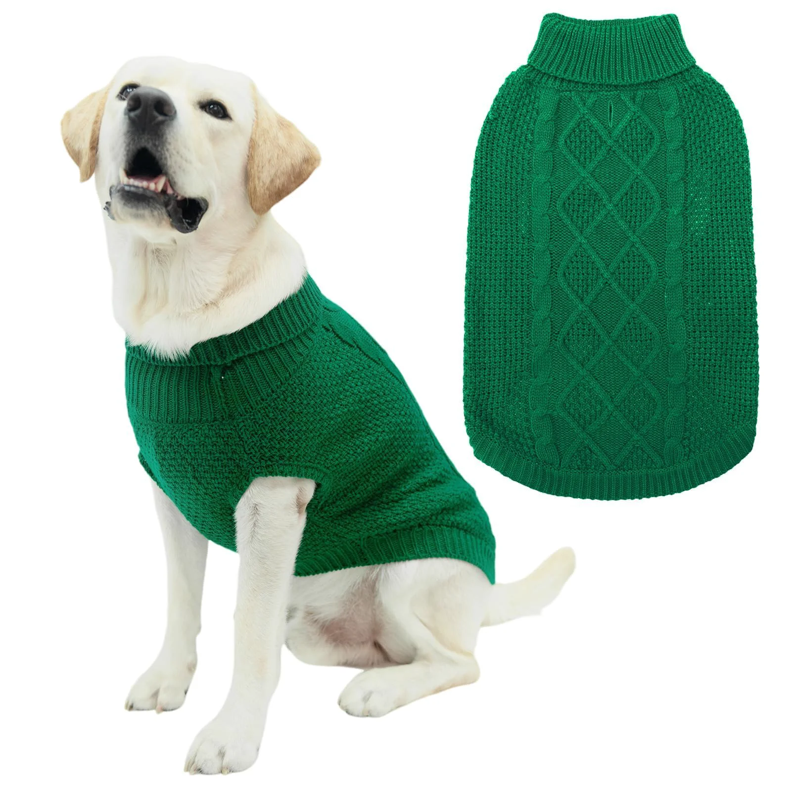 Smooth Mihachi Turtleneck Dog Sweater – Green Cable Knit with Leash Hole Winter Coat