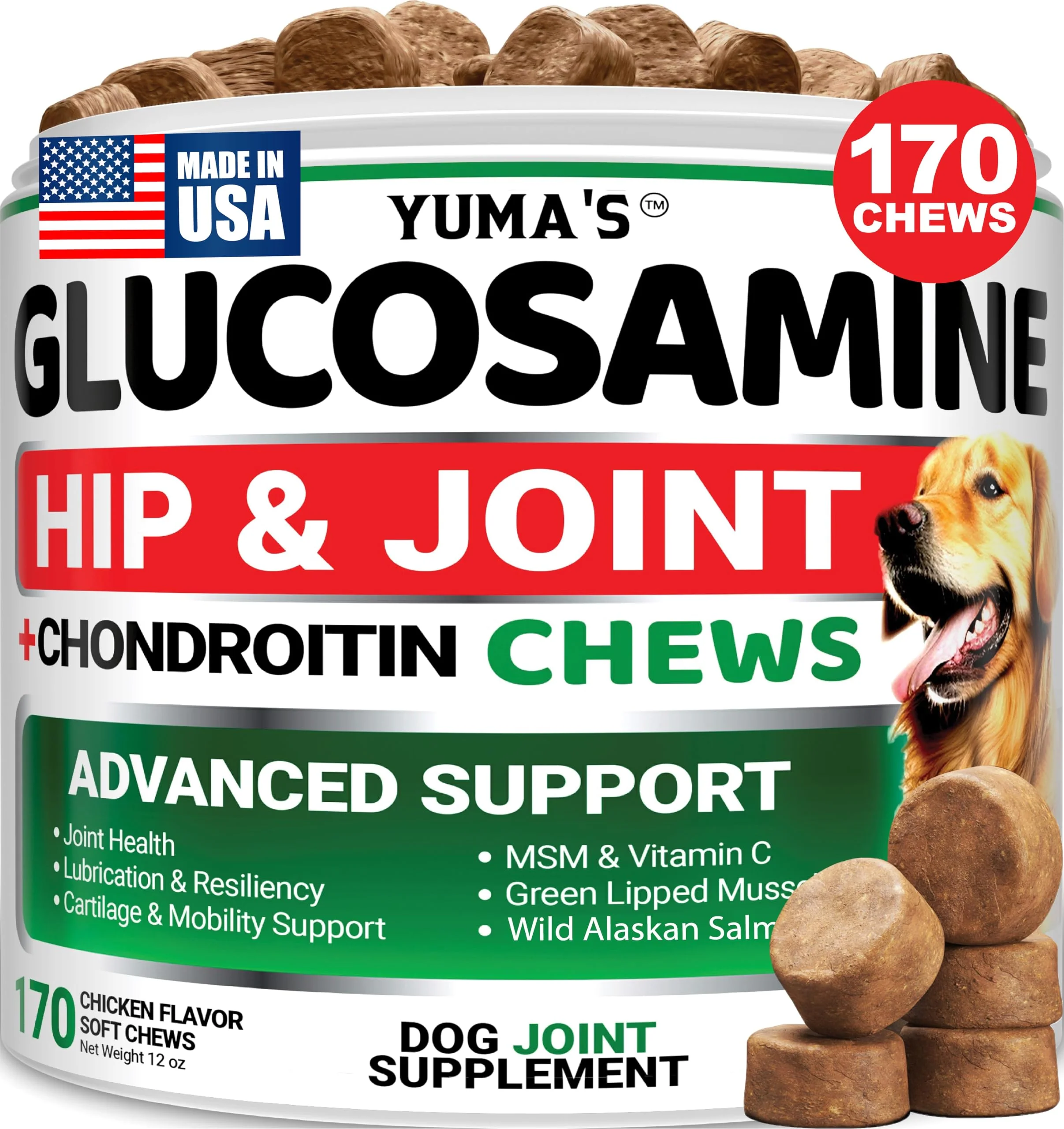 Smooth YUMA'S Glucosamine for Dogs — Hip Joint Support Chews 170 Ct Made in USA Enhanced