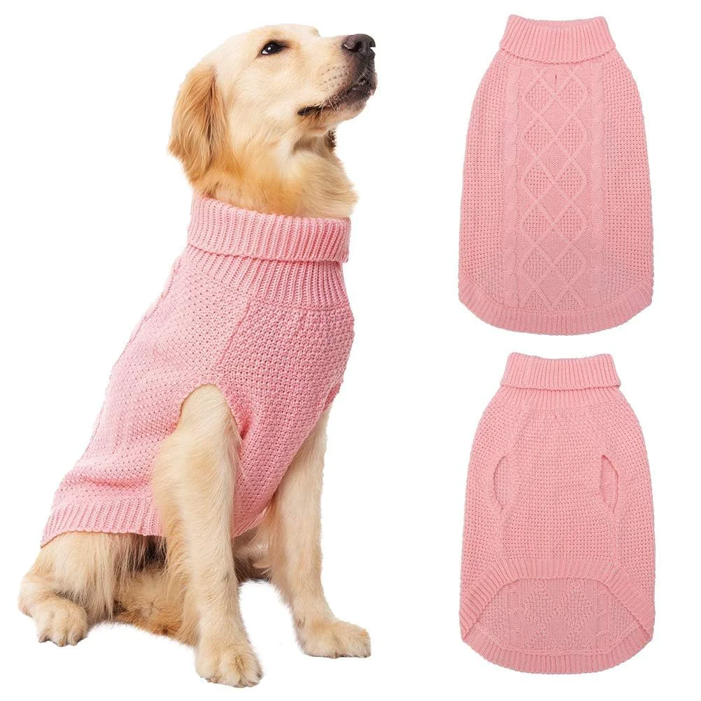 Reusable Mihachi Turtleneck Dog Sweater – Flesh Pink Knit Coat with Leash Hole for Cold Weather Safe
