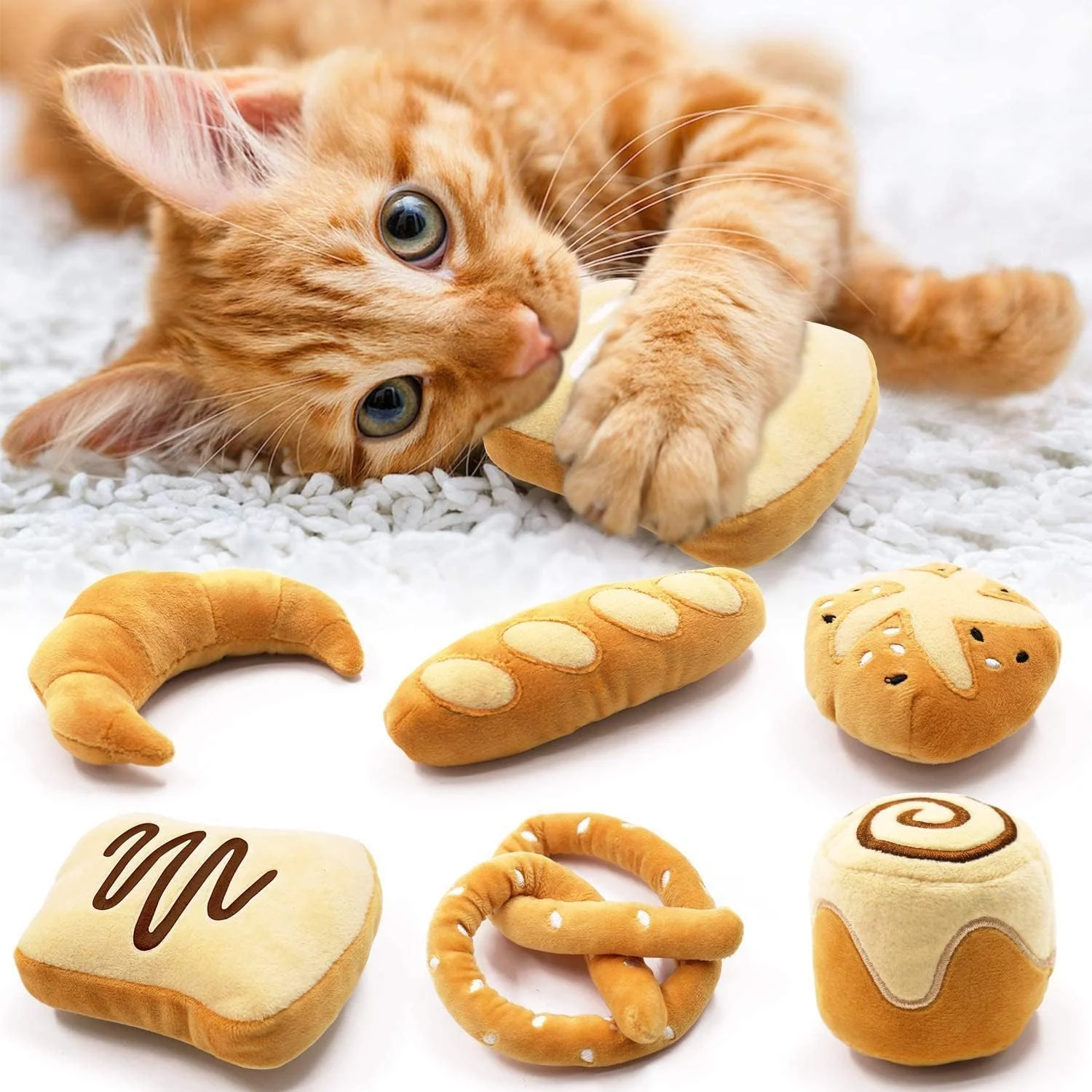 Professional CiyvoLyeen Bread Catnip Toys — 6-Pack Plush Indoor Cat Toys Baguette Croissant Pretzel Toast Bun Cinnamon Roll Premium Material