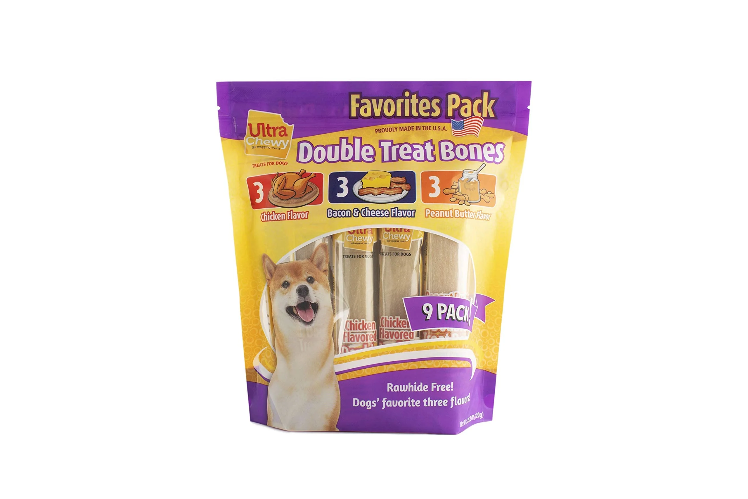 Sustainable Ultra Chewy Double Treat Bones Favorites - USA Made Dog Treats for Dental Health Assorted Flavors Enhanced