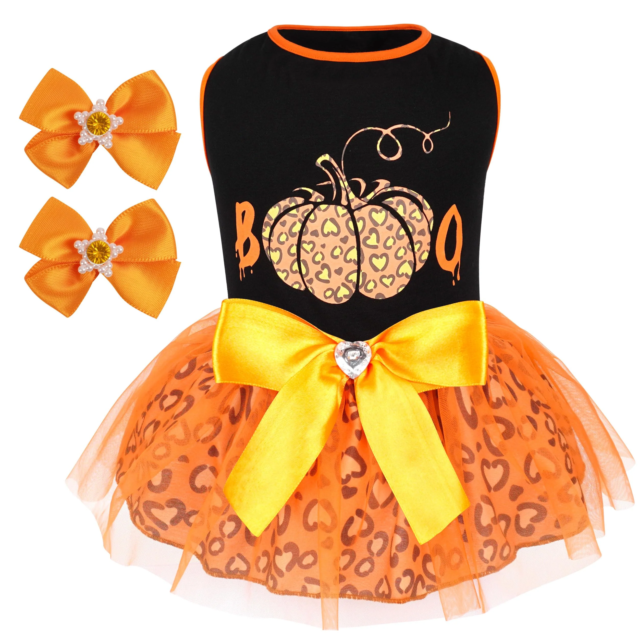Selected Cyeollo Dog Dress Halloween Leopard Plaid – Small Dog Costume with Tulle Gold Bow Smooth