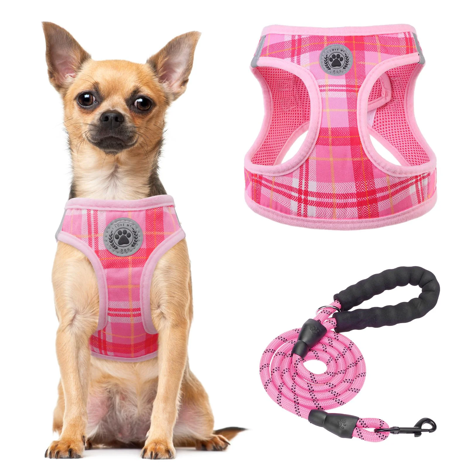 High-End BEAUTYZOO Small Dog Harness Leash Set — No Pull No Choke Reflective Plaid Vest S Light Pink Natural