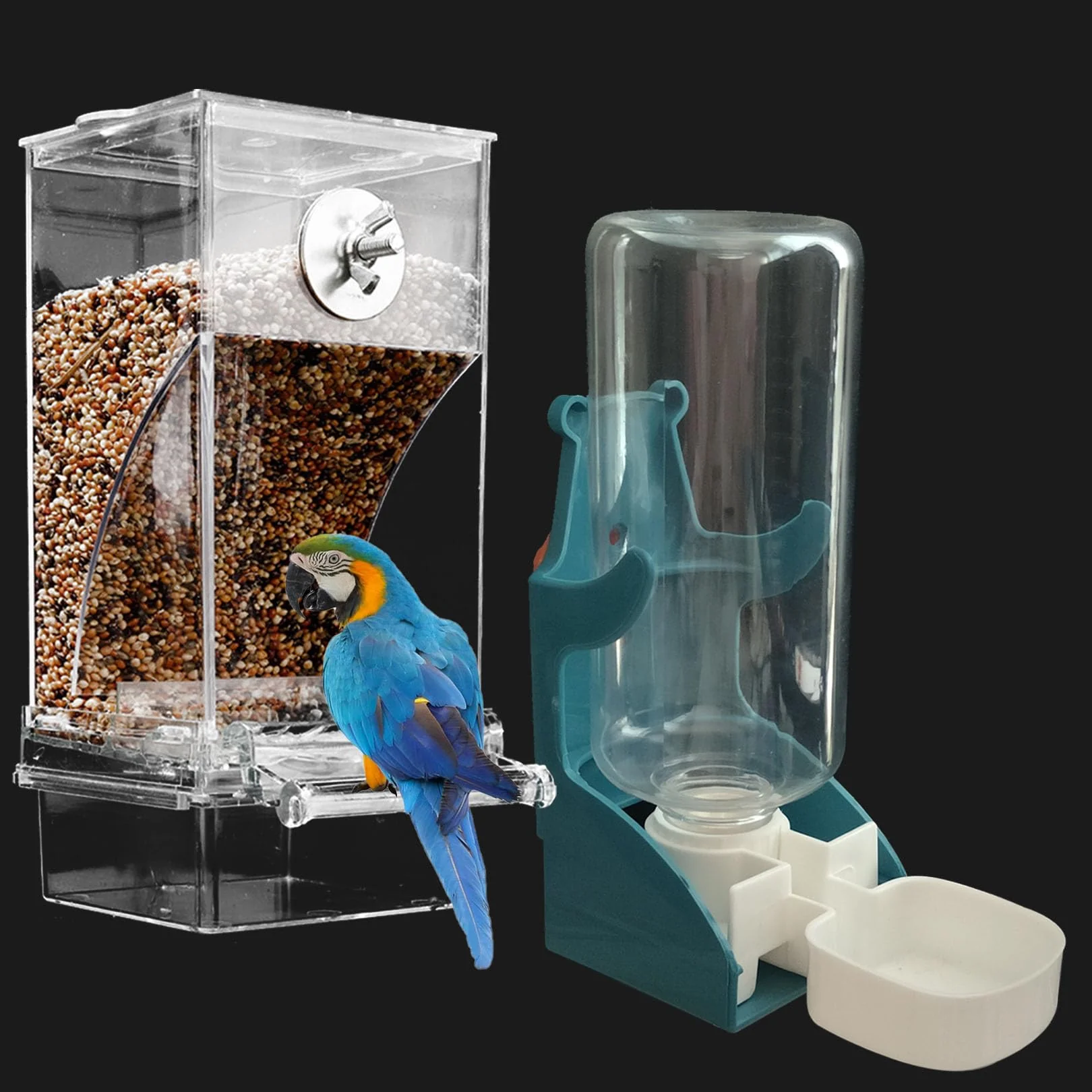 Premium Material Paxlkuao No Mess Bird Feeder Water Dispenser Set – Dark Green Transparent Parrot Feeder Certified