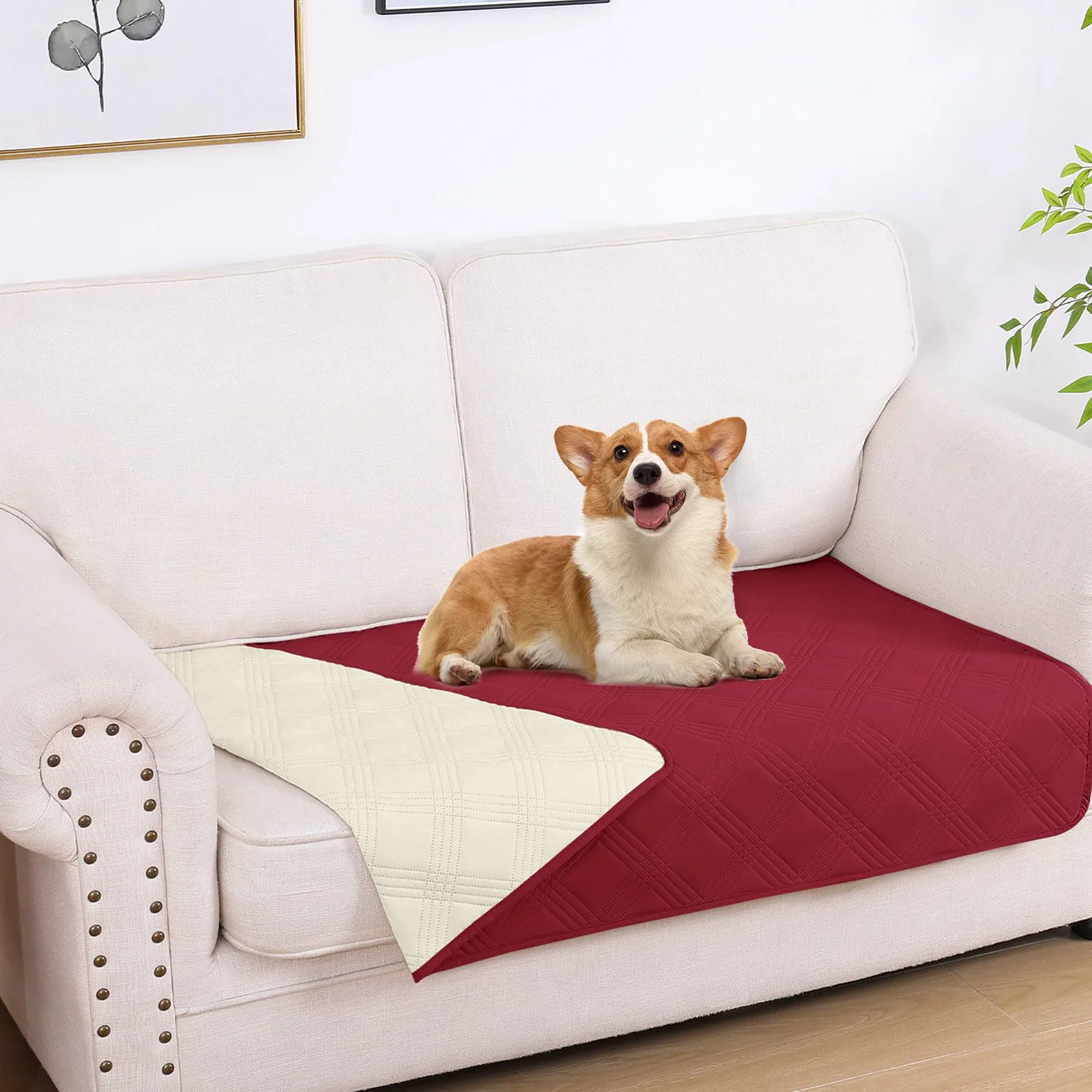 Fast hyha Waterproof Dog Blanket – Reversible Sofa Cover 30x53 in Wine Red Beige Clean