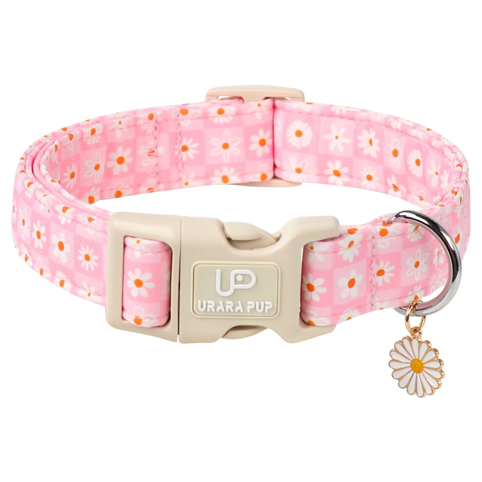Modern UP URARA PUP Pet Collar - Summer Daisy Pink Grid Adjustable Durable Green