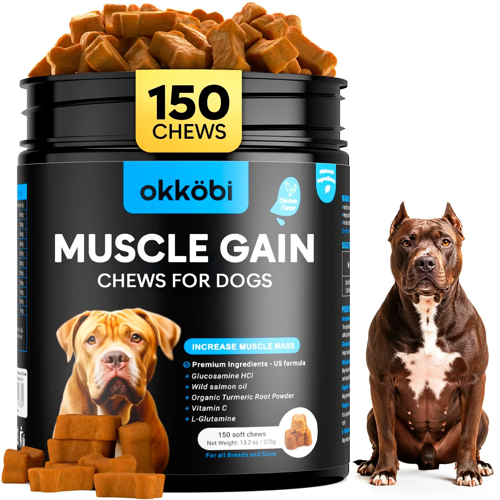 First-Class OKKÖBI 11-in-1 Muscle Gain Chews for Dogs – High-Protein Weight Gain 150 Chews Chicken Elegant