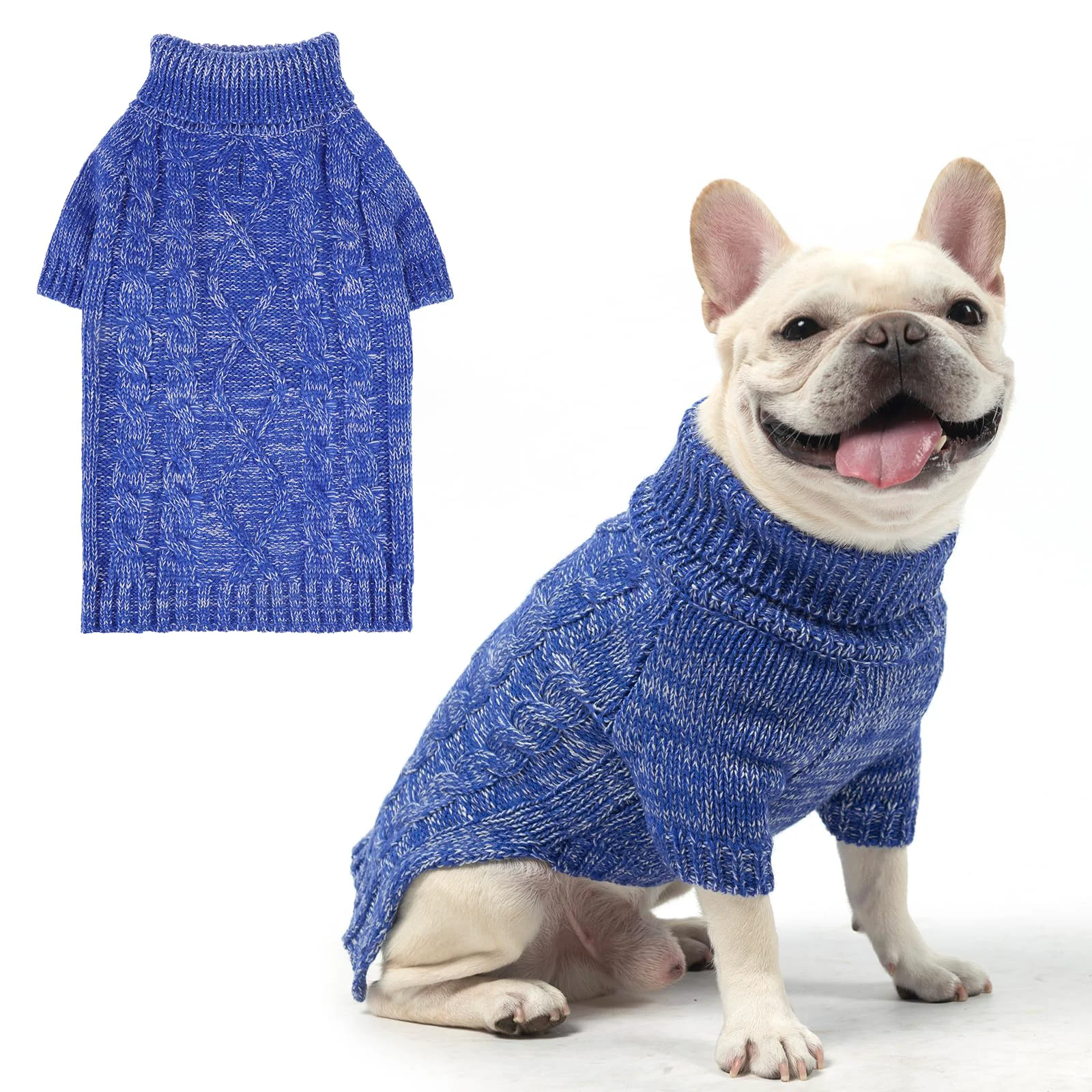 Modern KOOLTAIL Dog Sweater — Blue SM Turtleneck Cable Knit with Leash Hole for All Dogs Flexible