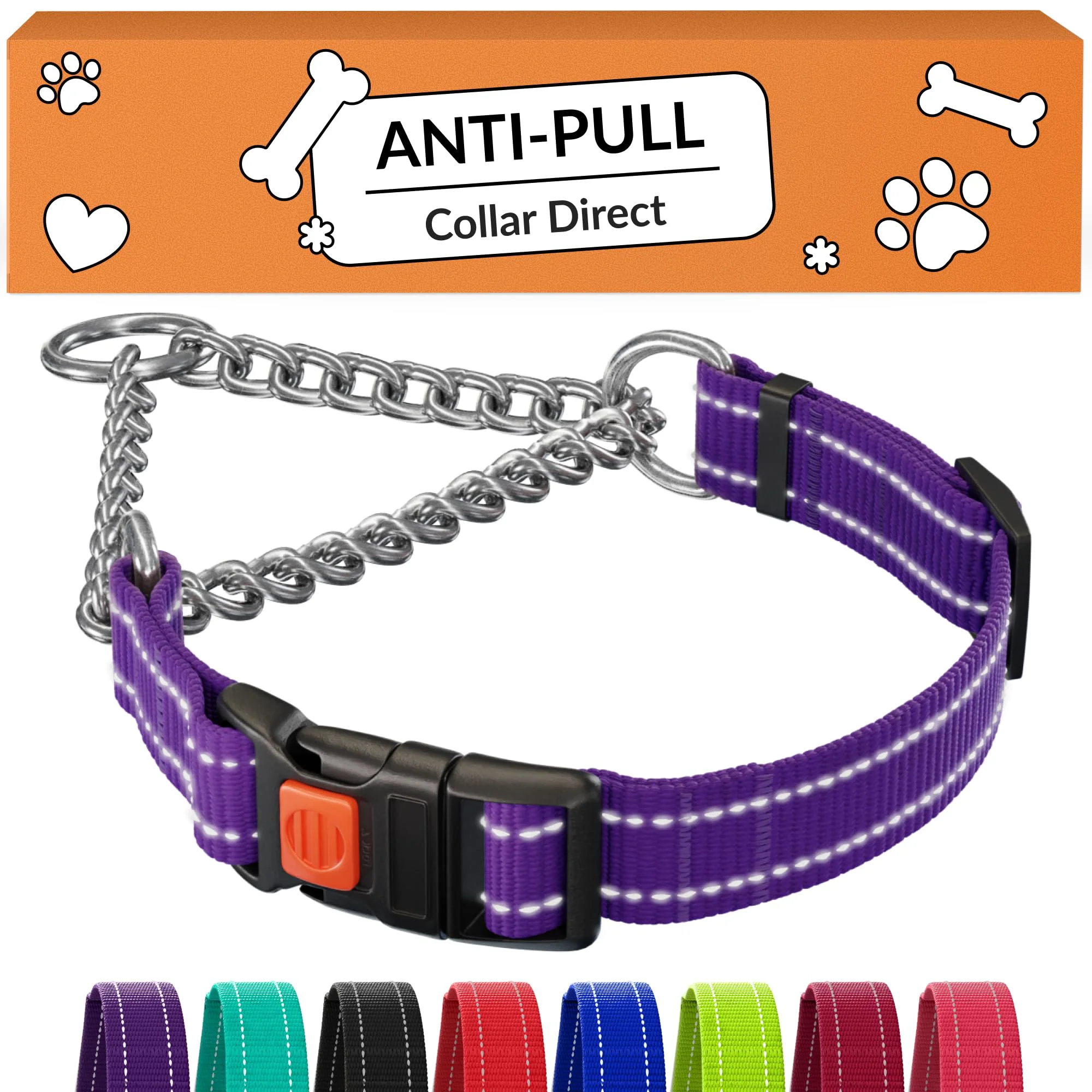 Fast CollarDirect Martingale Collar — Reflective Purple Stainless Steel Chain Quick Release Buckle Medium 14-17 in Genuine