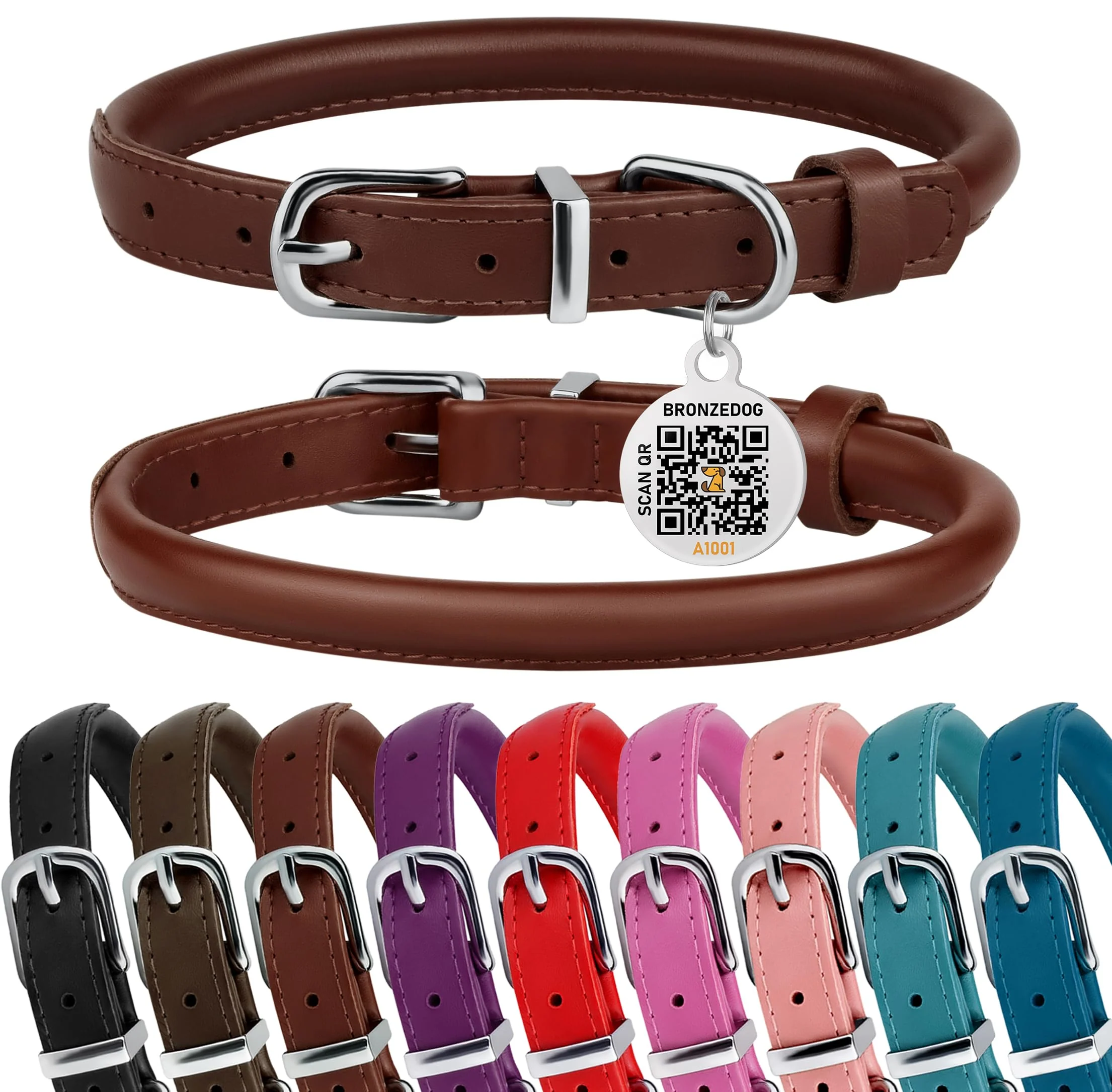 Minimalist BRONZEDOG Rolled Leather Dog Collar – 12-14 Inch S with QR ID Tag Chocolate Brown Premium
