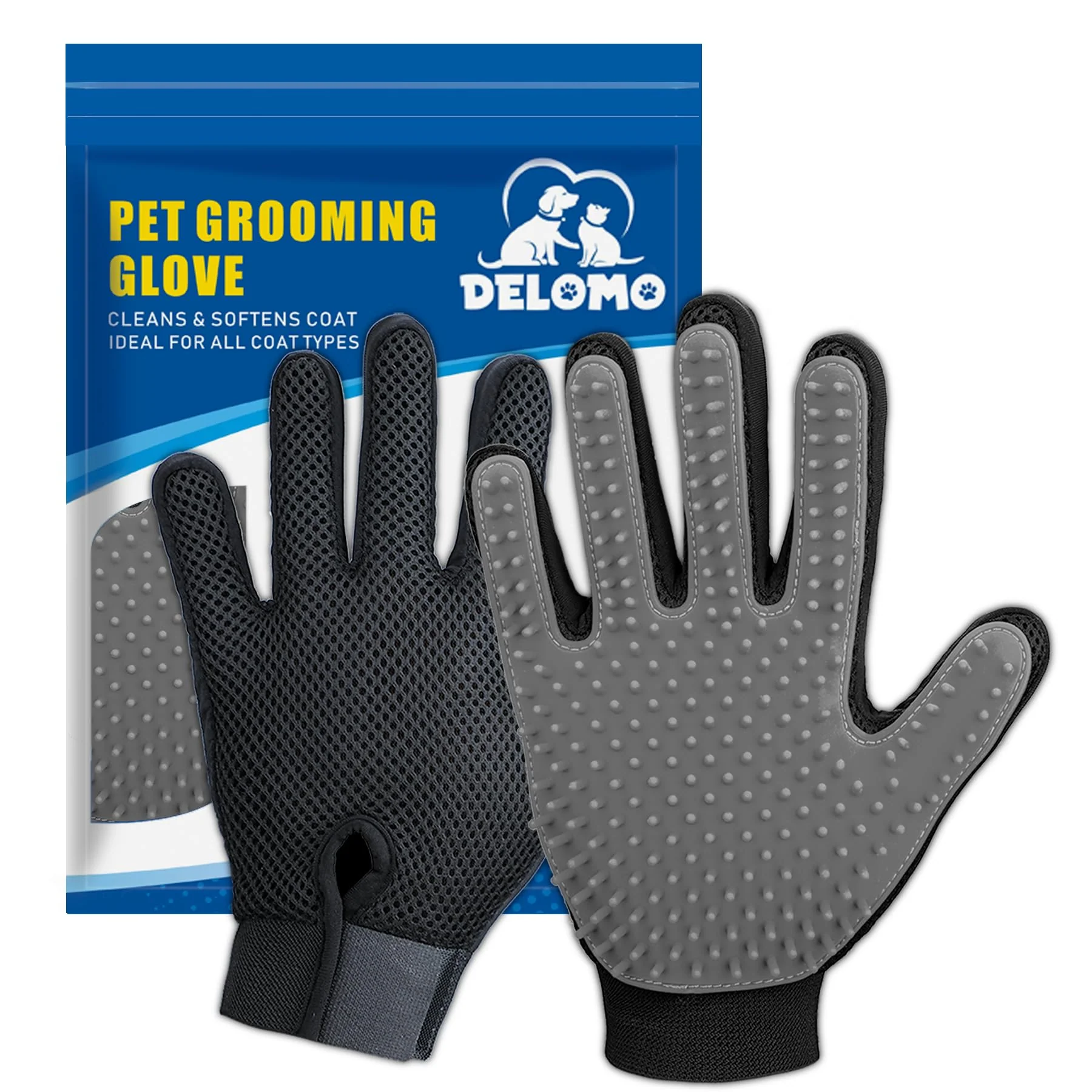 Modern DELOMO Upgrade Version Pet Grooming Glove - Five-Finger Silicone Deshedding Mitt 1 Pair Gray Classic