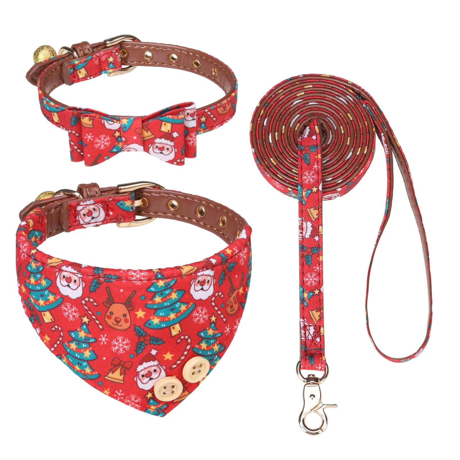 Traditional EXPAWLORER Christmas Dog Collar Leash Set – Adjustable PU Leather with Bow Tie Bandana Bell Prestigious